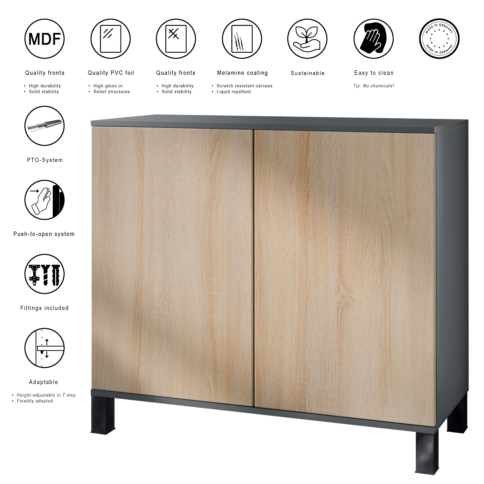 Skadu V3 Kommode Anthrazit mit 2 großen Türen Anthrazit matt / Avola-Anthrazit (92,5 x 84.5 x 35)