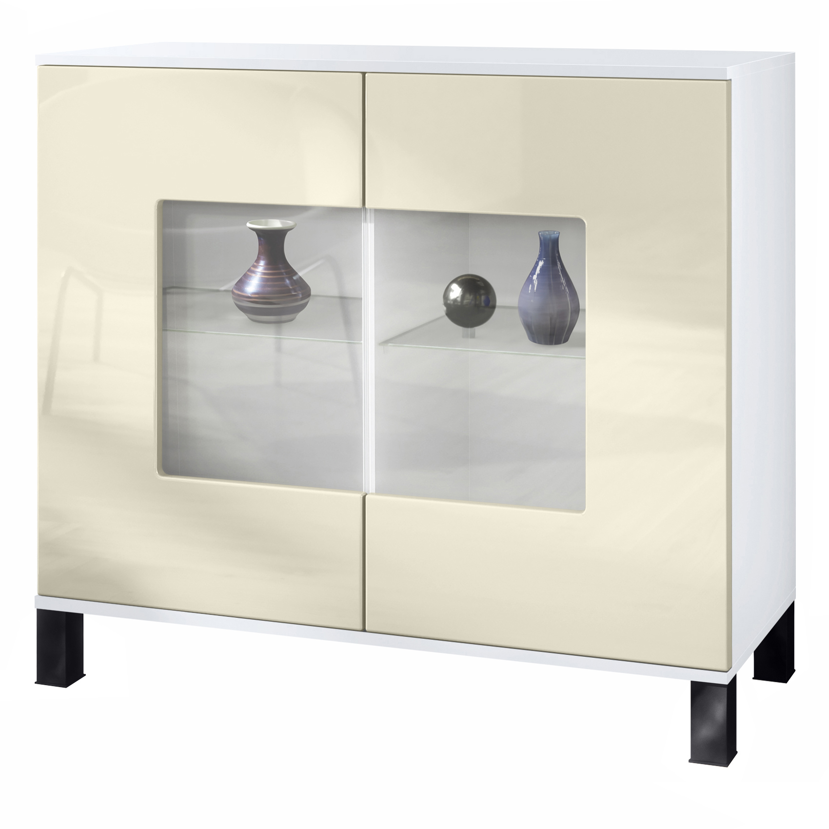 Grömitz V3 Kommode Weiß mit 2 großen Glastüren Weiß matt / Creme Hochglanz (92,5 x 84.5 x 35)