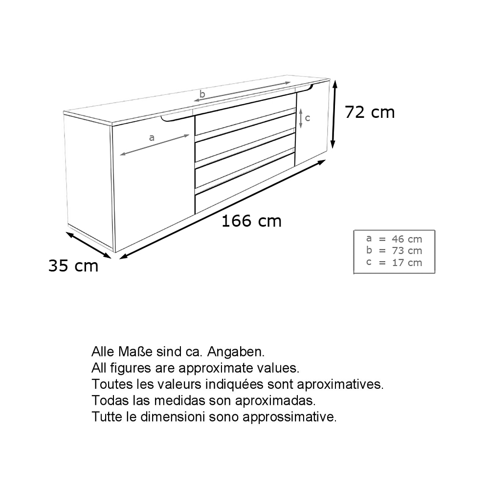 Sideboard Sylt V2 mit 2 Türen und 4 Schubladen Weiß matt/Creme Hochglanz/Brombeer Hochglanz (166 x 72 x 35)