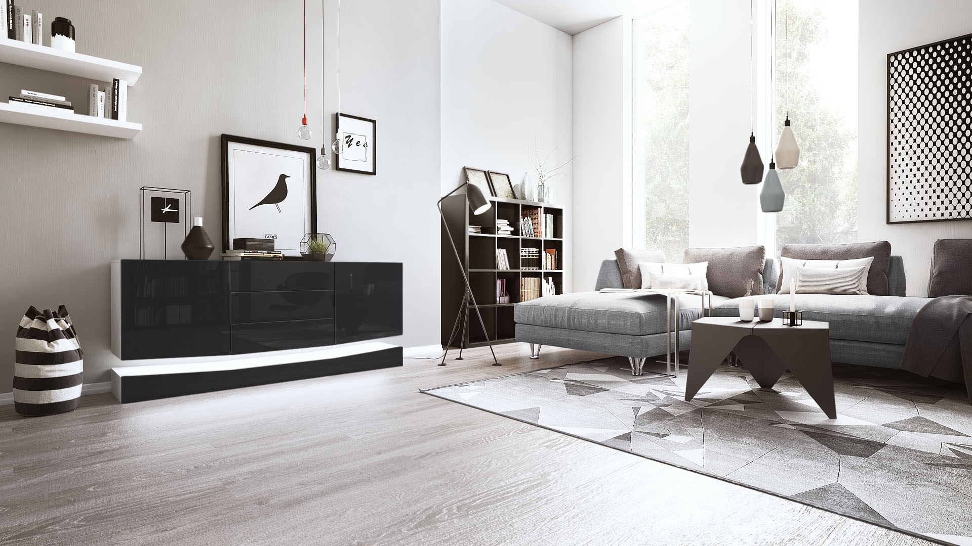 Sideboard City und 3 Schubladen inkl. LED-Beleuchtung Weiß matt/Schwarz Hochglanz (178 x 72 x 38 cm)