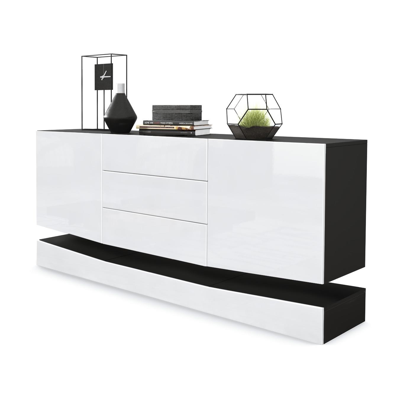Sideboard City  mit 2 Türen und 3 Schubladen Schwarz matt/Weiß Hochglanz (178 x 72 x 38 cm)
