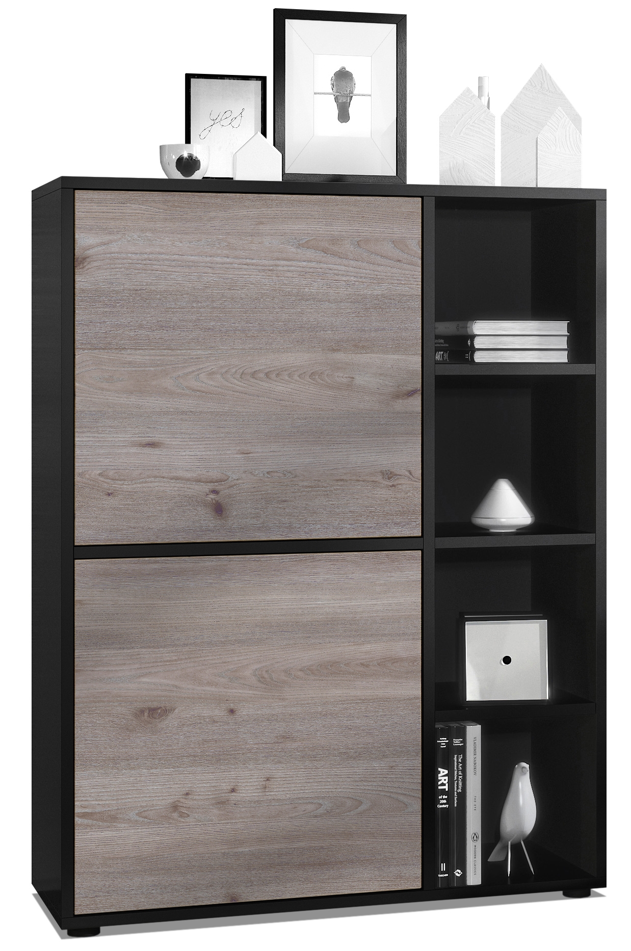 Highboard Cuba  mit 2 Türen und 4 offene Fächer Schwarz matt/Eiche Nordic (79 x 105,5 x 35,5 cm)