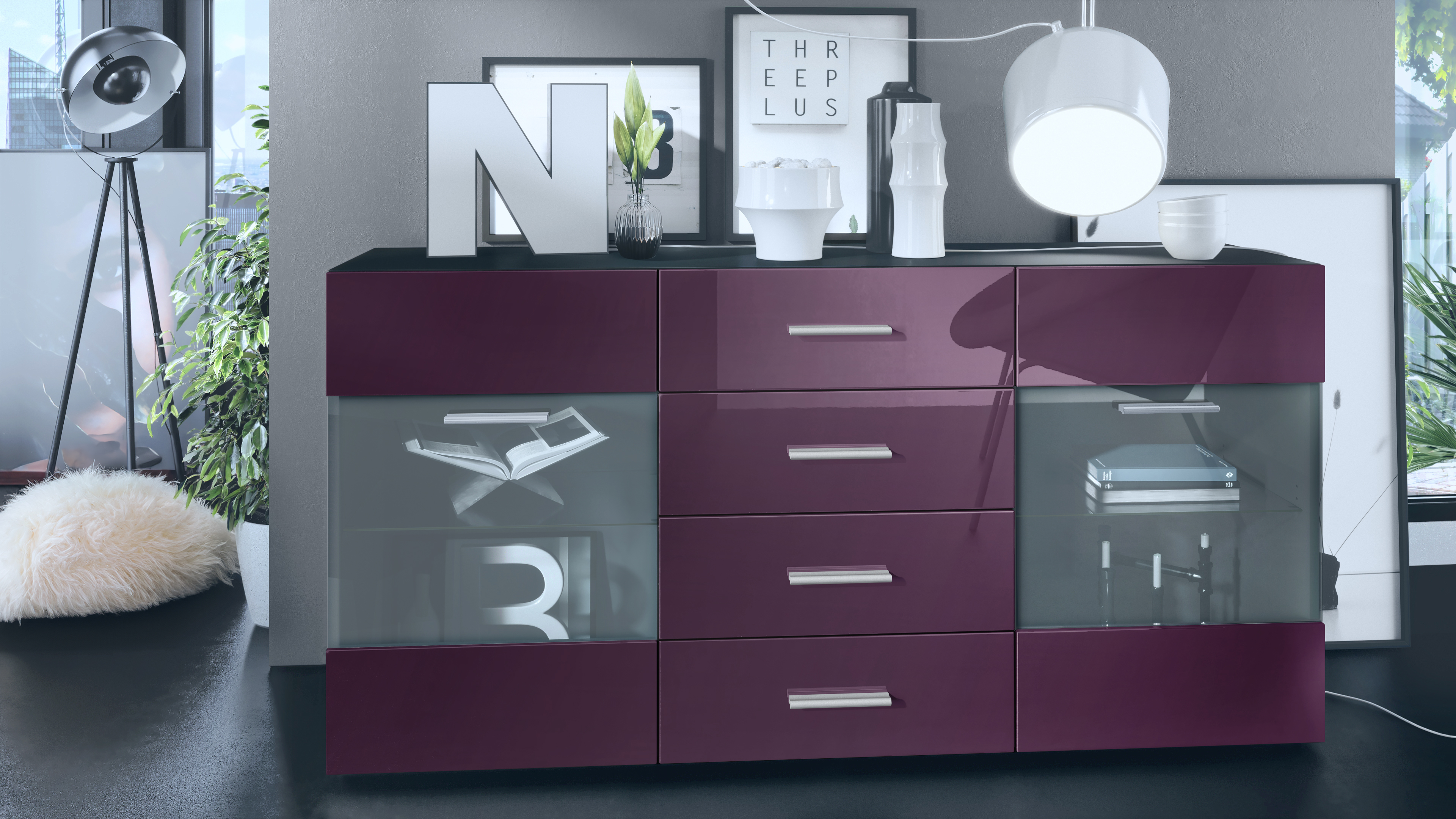 Sideboard Bari V1 4 Schubladen und 2 flexible Glaseinlegeböden Schwarz matt/Brombeer Hochglanz (139 x 72 x 35)