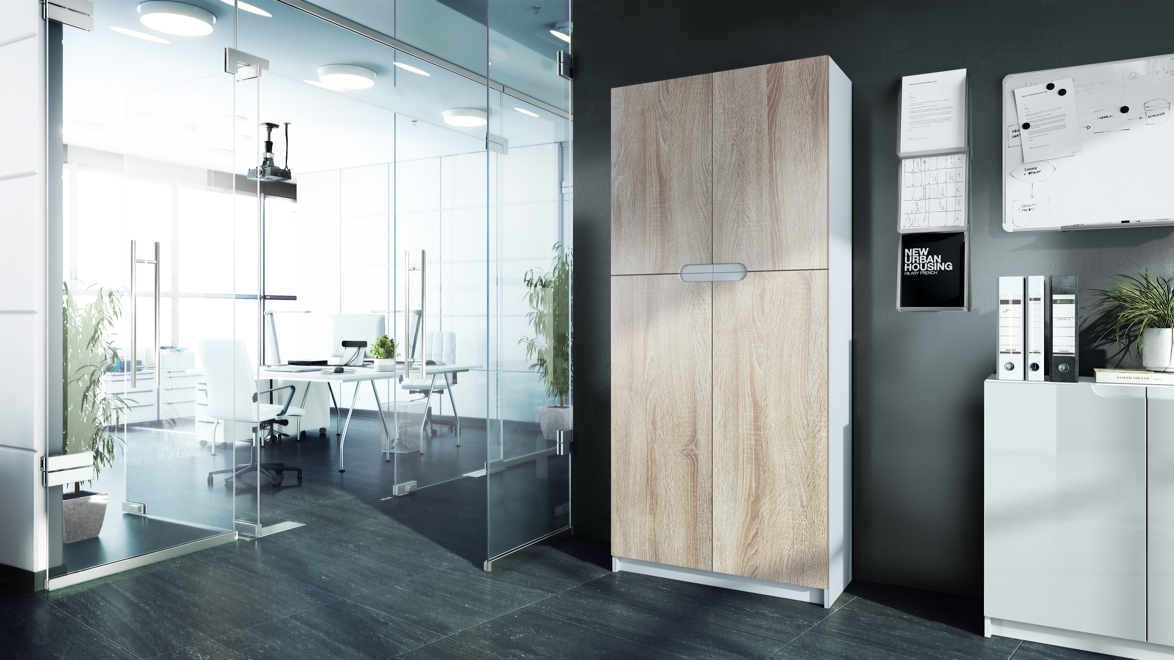Büroschrank Logan V1 mit 5 Fächern und 4 Türen Weiß matt/Eiche sägerau (82 x 185 x 37 cm)