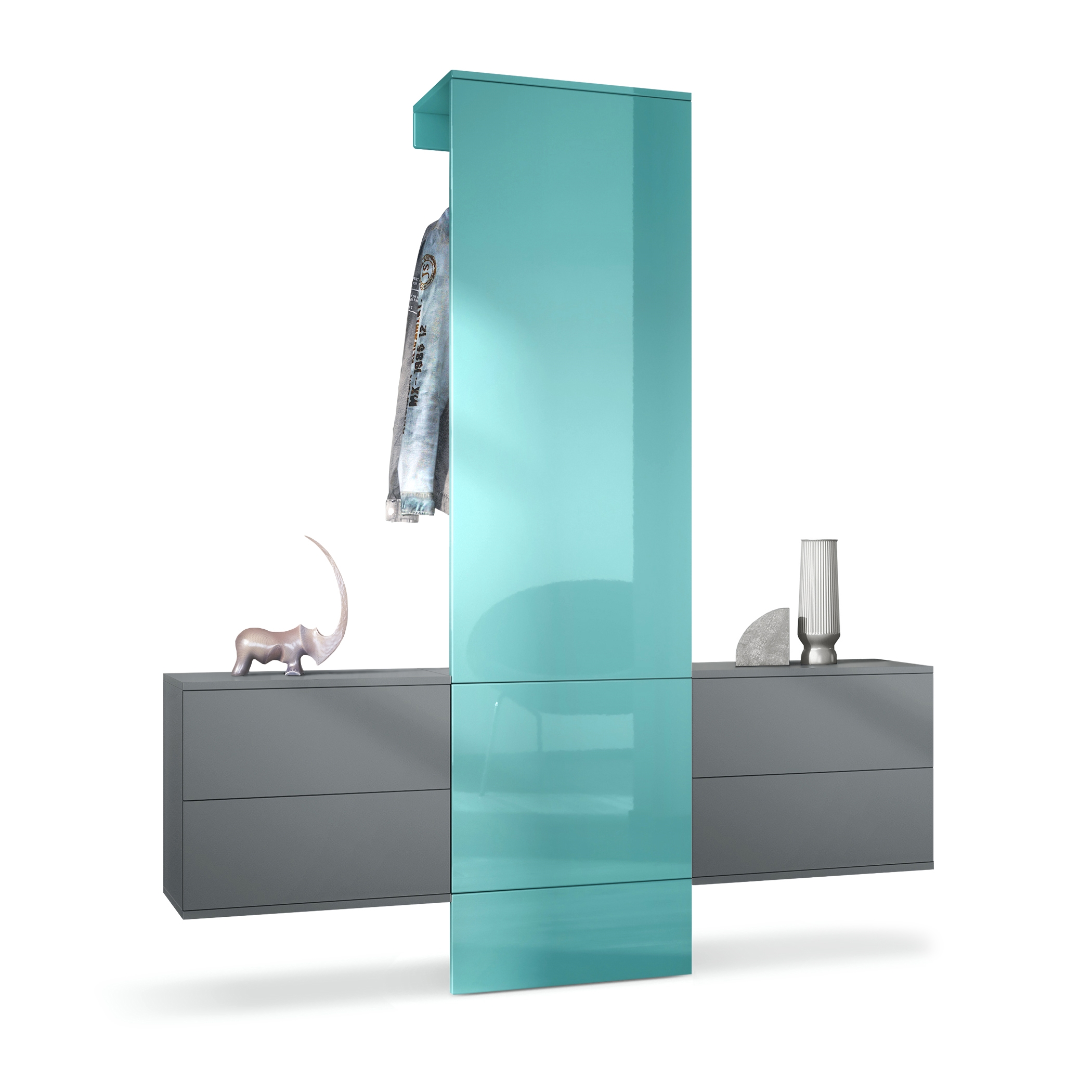 Garderobe Carlton Set 3 Anthrazit 4-tlg. 1 Paneel und 2 Schubkastenschränke Anthrazit matt/Petrol Hochglanz (157 x 193 x 35 cm)