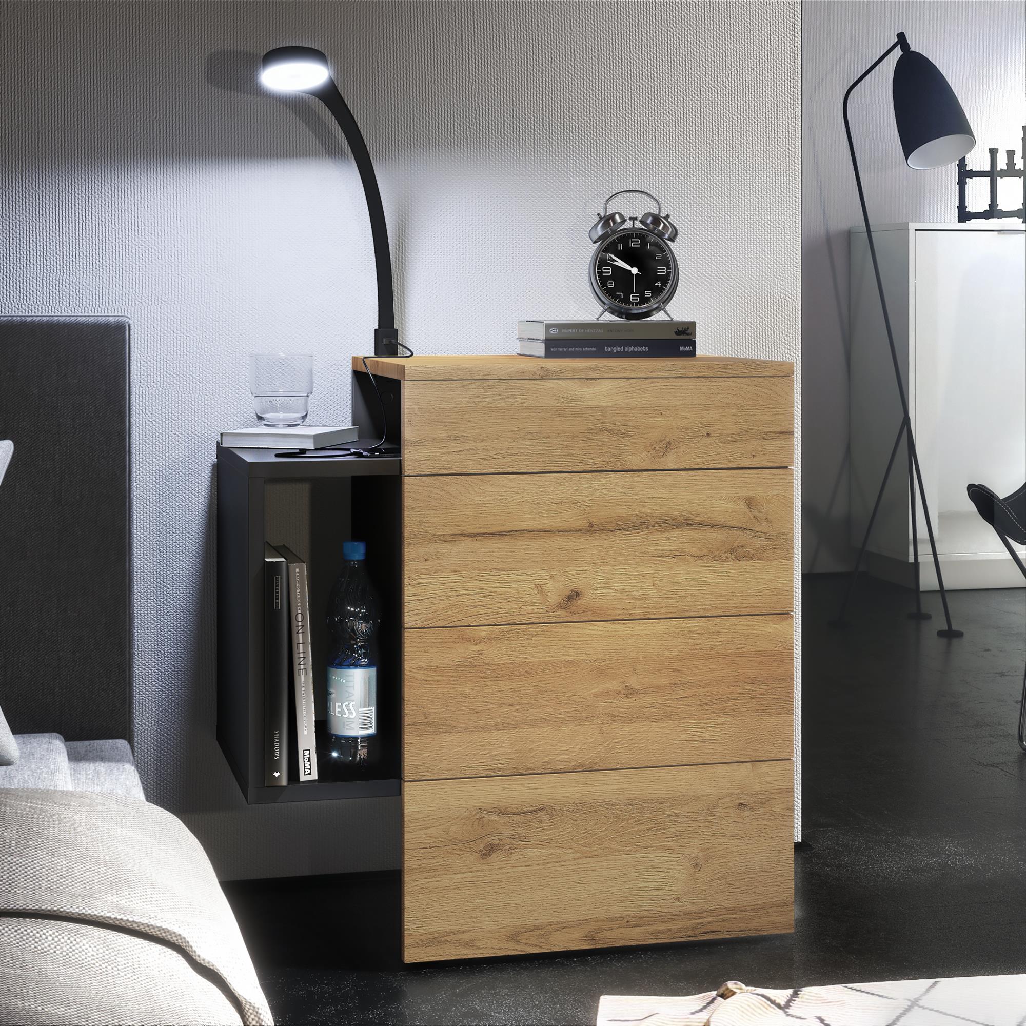 Nachttisch Queens und 1 seitlichem Fach zur Wandmontage Schwarz matt/Eiche Natur inkl. LED Flexi Lampe (60 x 63 x 36 cm)
