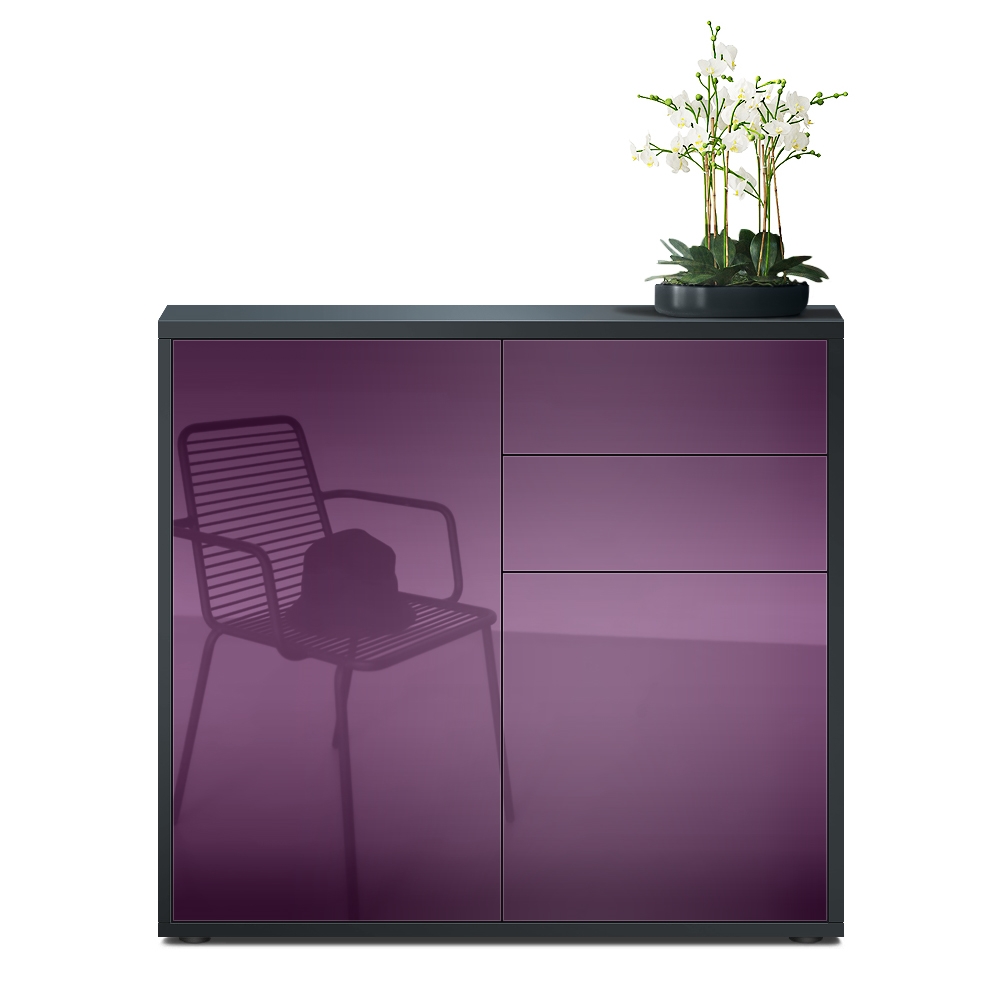 Kommode Ben  mit 2 Türen und 2 Schubladen Schwarz matt/Brombeer Hochglanz (79 x 74 x 36 cm)