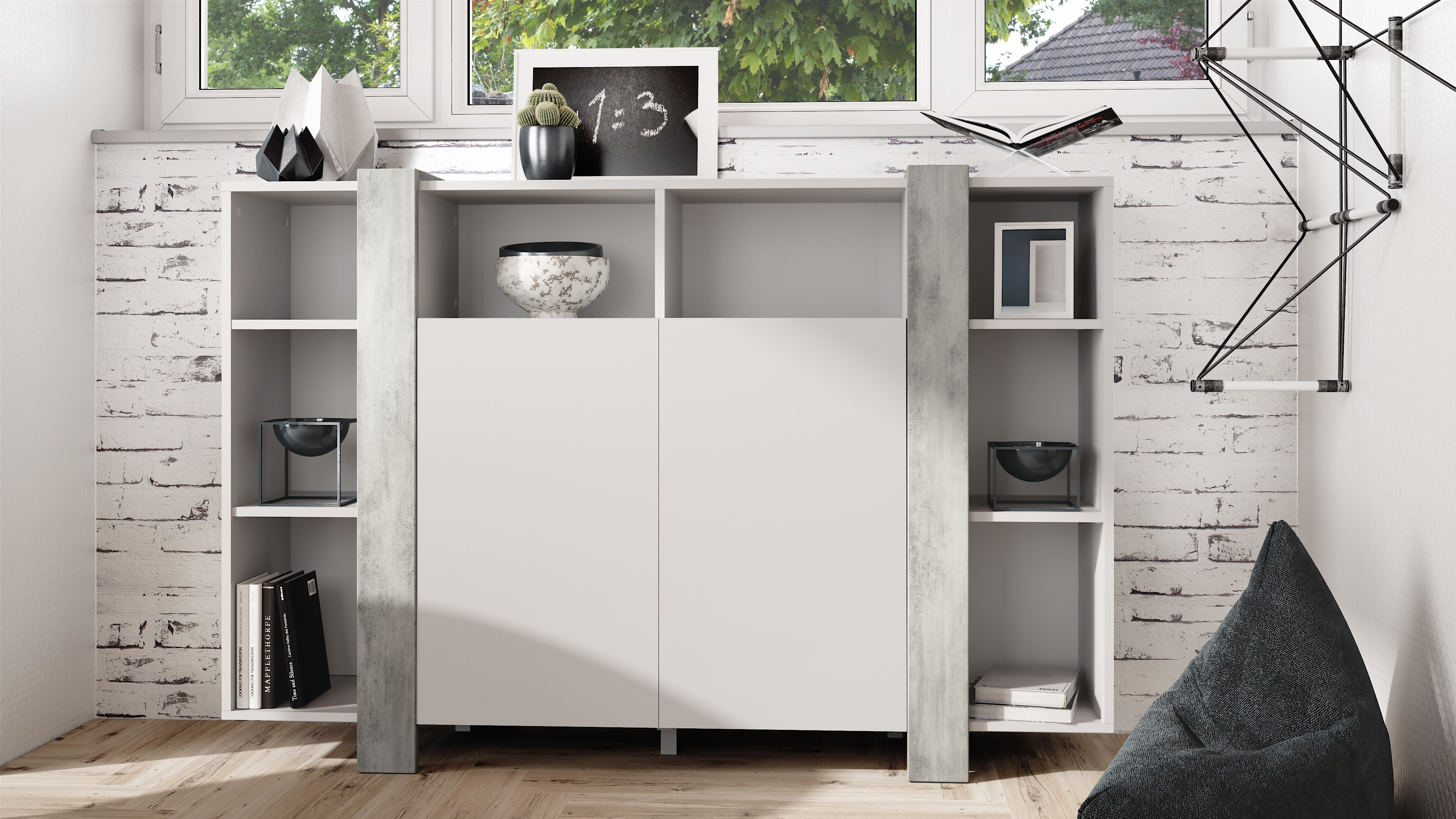 Highboard Ida V1 Weiß mit 2 Türen und 8 offene Fächer Weiß matt/Beton Oxid Optik (149 x 101 x 34 cm)