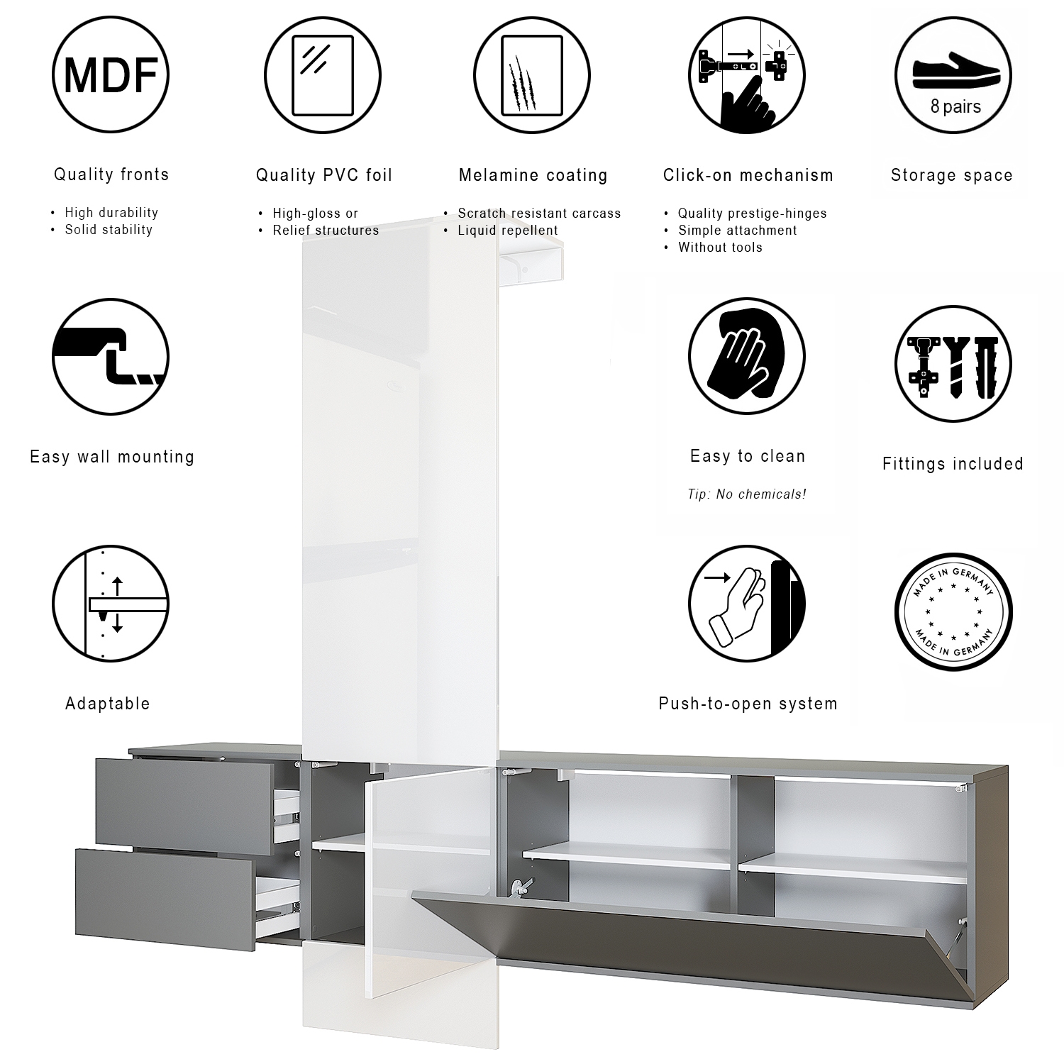 Garderoben Set DualVista bestehend aus 1 Garderobenpaneel, 2 Schrank Elementen und 2 Spiegel Anthrazit matt/Grau Hochglanz