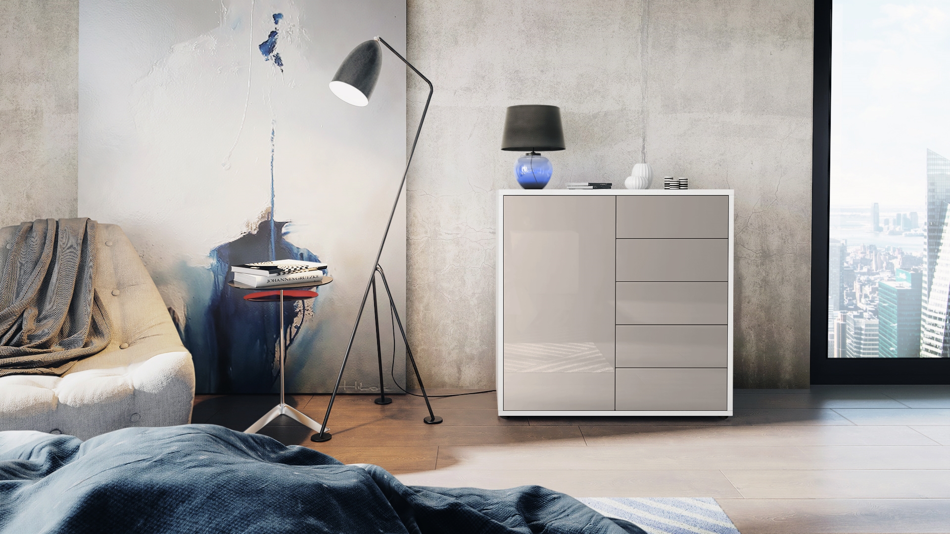 Kommode Ben V2  mit 1 Tür und 5 Schubladen Weiß matt/Sandgrau Hochglanz (79 x 74 x 36 cm)