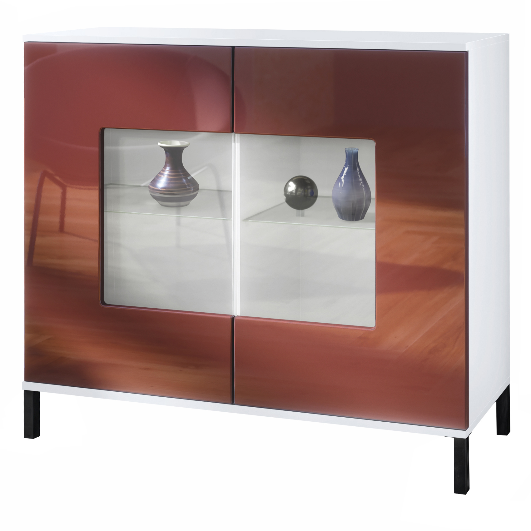 Grömitz V3 Kommode Weiß mit 2 großen Glastüren Weiß matt / Bordeaux Hochglanz (92,5 x 83.5 x 35)