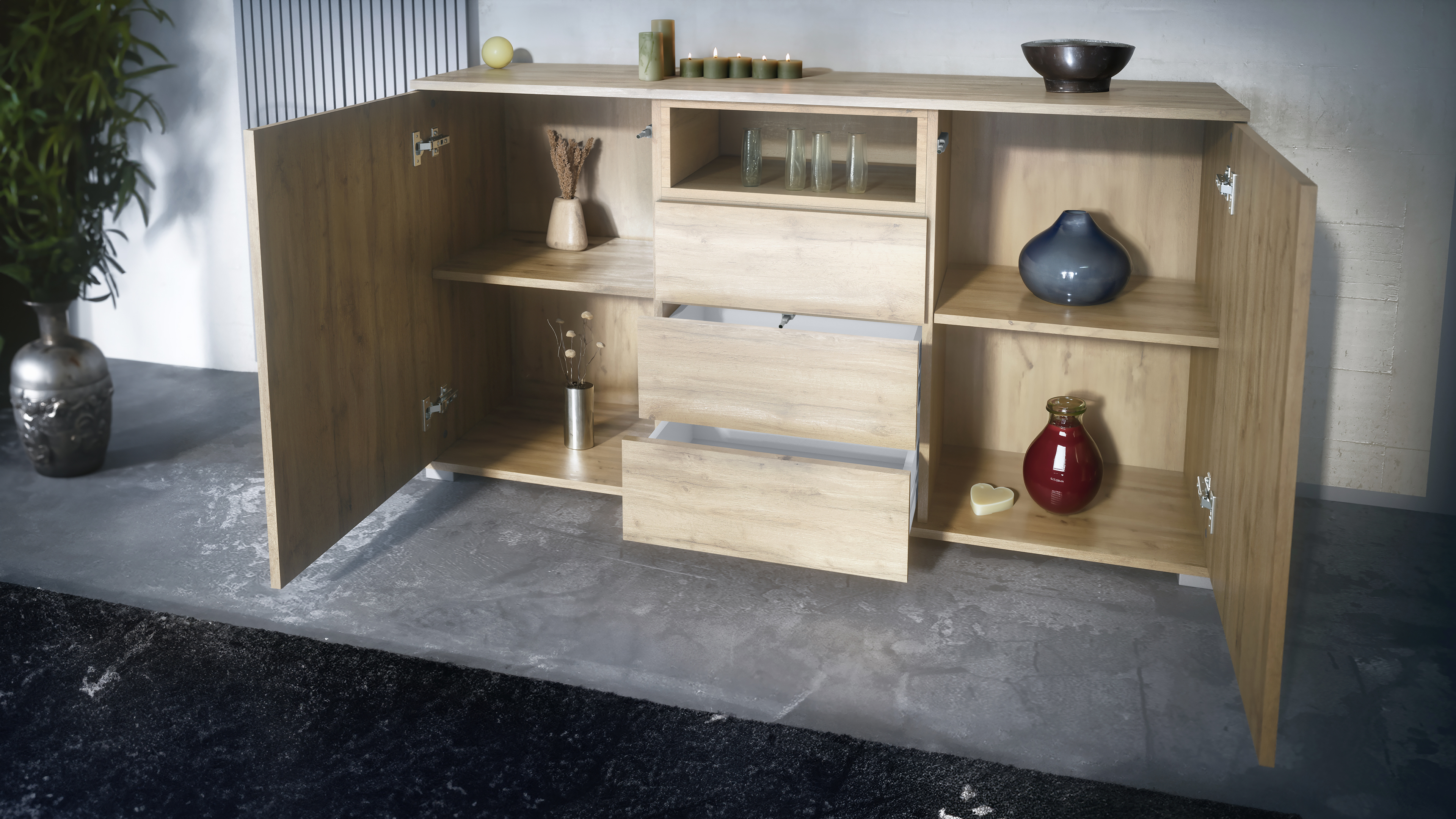 Skadu V2 Sideboard Eiche Evoke mit 2 Türen, 3 Schubladen und 1 offenem Fach Eiche Evoke/Grau Hochglanz (138,5 x 75,5 x 35 cm)