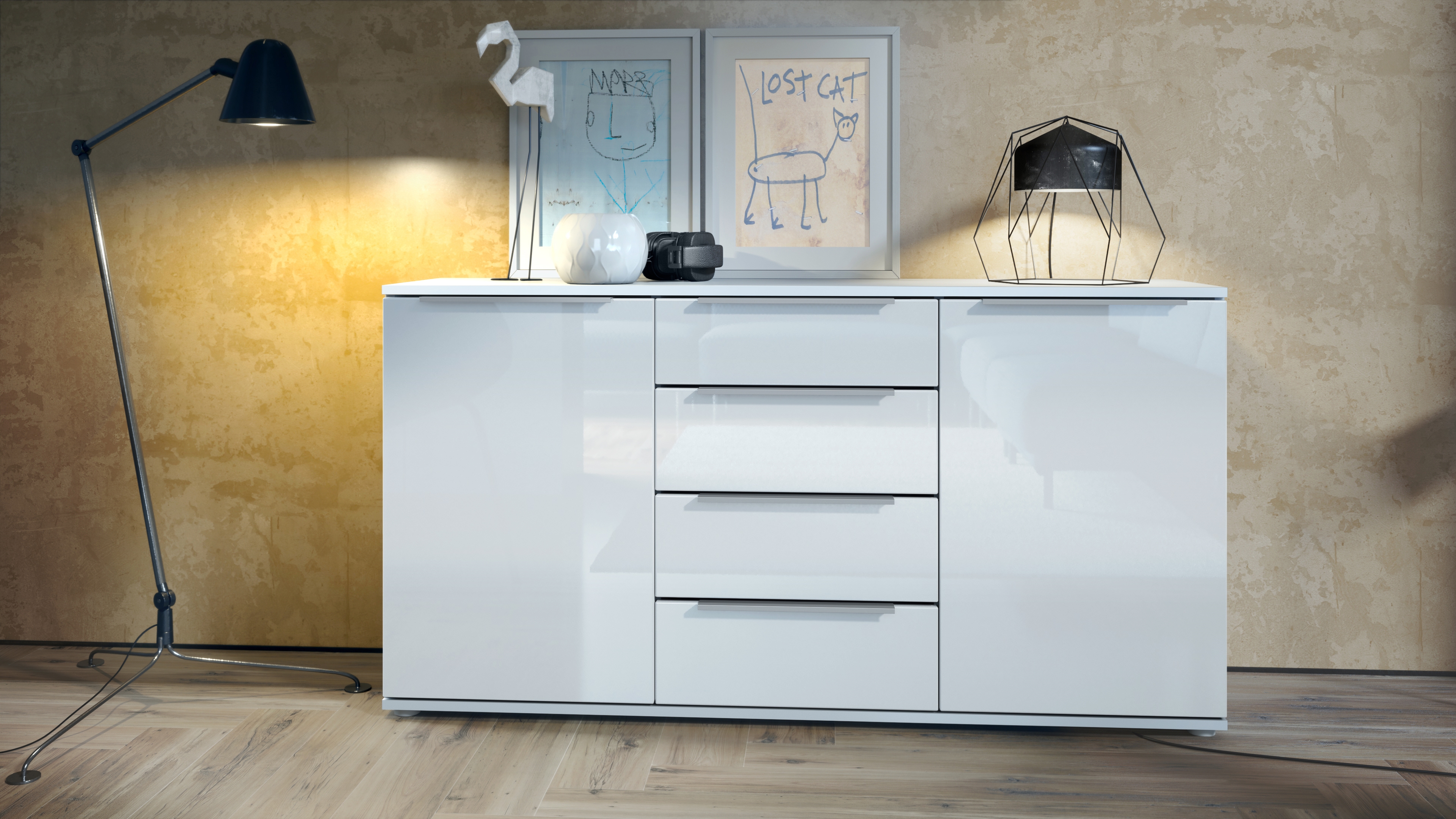 Linio V1 Sideboard  mit 2 Türen und 4 Schubladen Weiß matt/Weiß Hochglanz (139 x 72,5 x 35 cm)