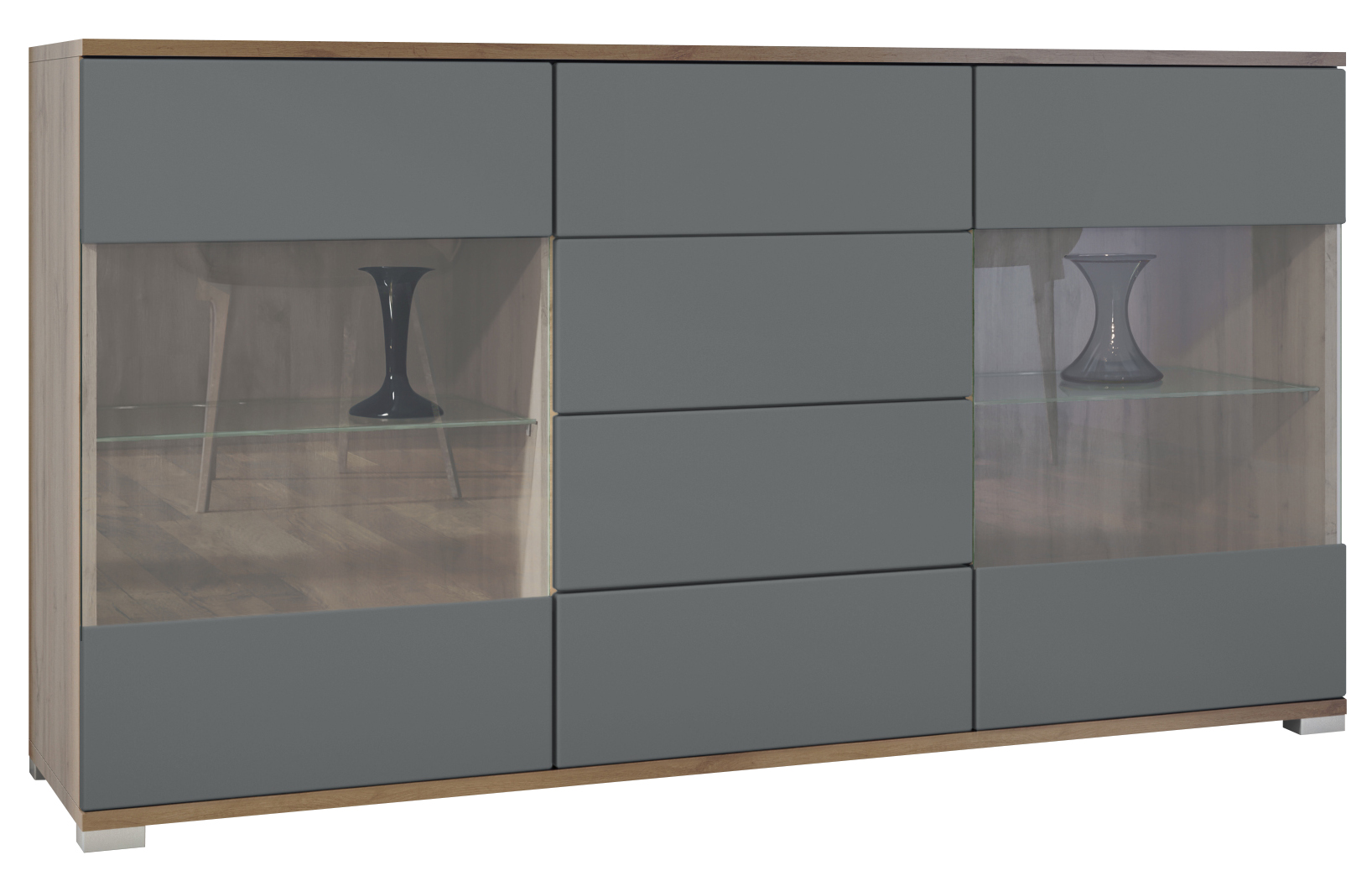 Sideboard Bari V1 Eiche Evoke 4 Schubladen und 2 flexible Glaseinlegeböden Eiche Evoke/Graphit Seidenmatt (138,5 x 75,5 x 35)