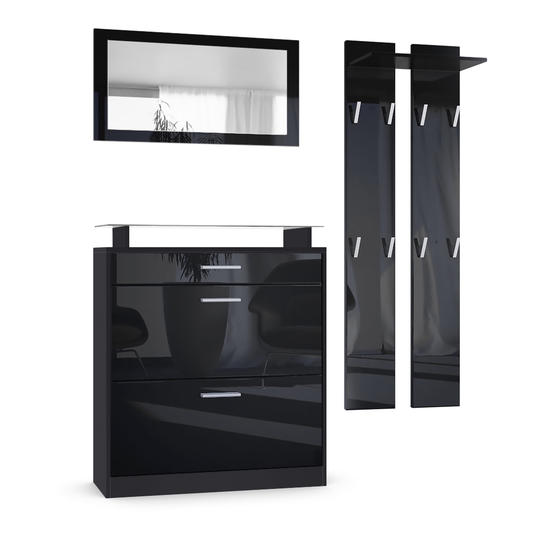 Garderobenset Loret mini 1 Wandspiegel, 2 Garderobenpaneele Schwarz matt/Schwarz Hochglanz (Schuhschrank 89 x 104 x 23 cm)