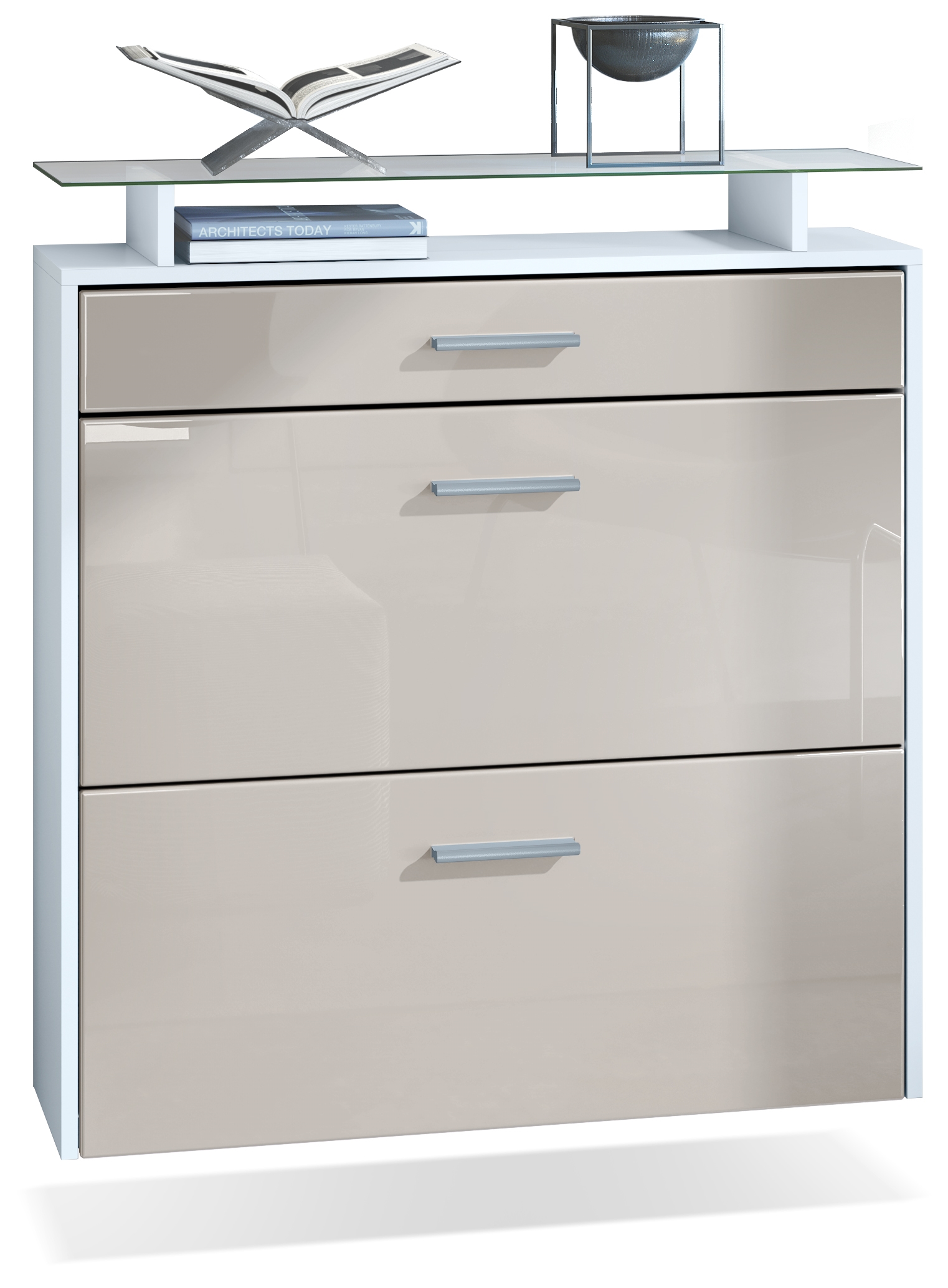 Schuhschrank Malea mit 2 Klappen und 1 Schublade und Glasablage Weiß matt/Sandgrau Hochglanz (89 x 96 x 23 cm)