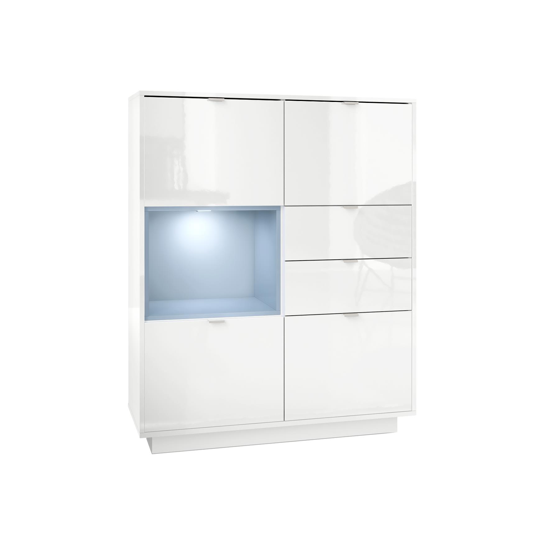 Highboard Metro  mit 4 Türen, 2 Schubladen und 1 offenem Fach Weiß Hochglanz/Denim matt inkl. LED Beleuchtung (103 x 123 x 38 cm)