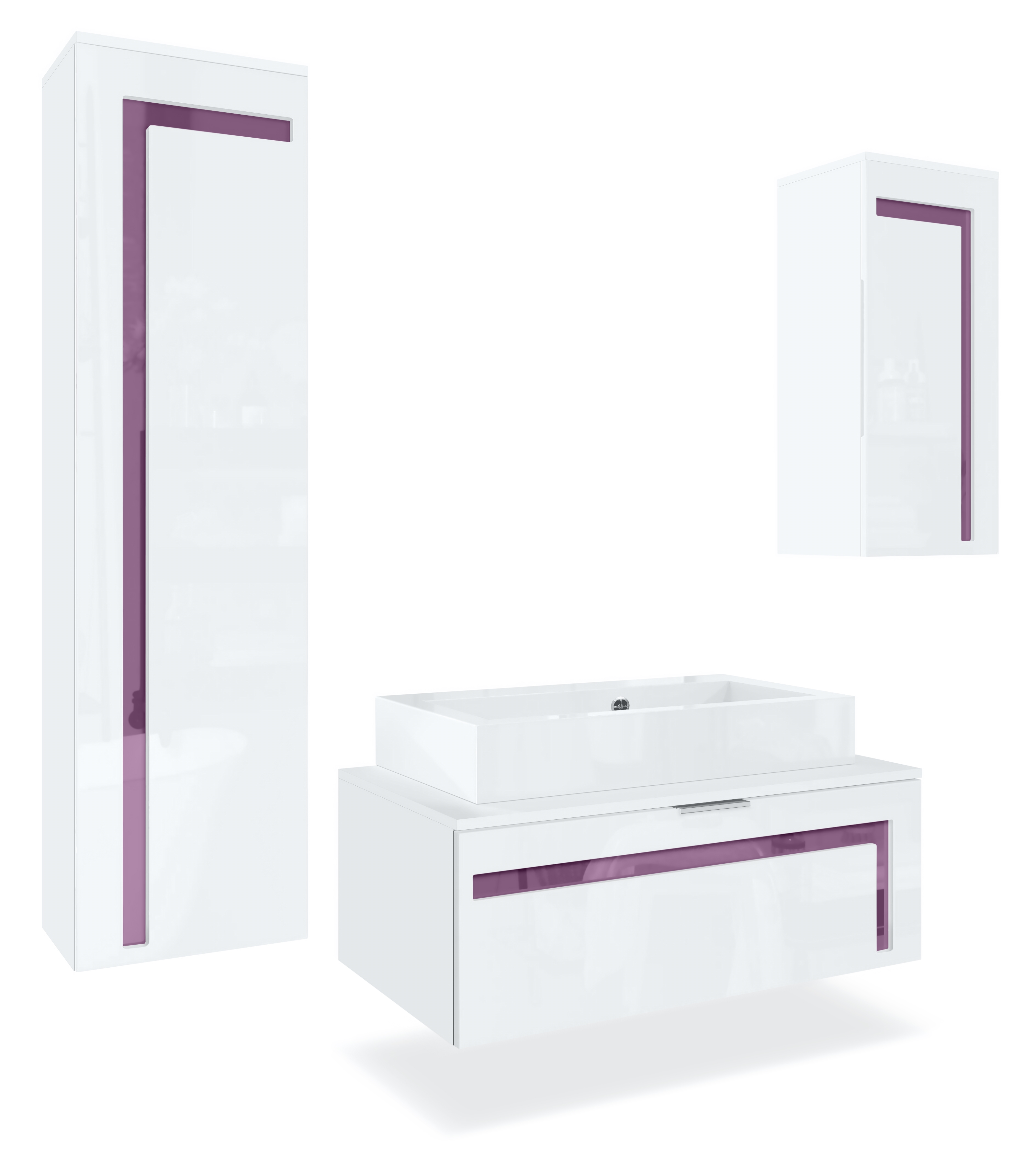 Badmöbel-Set Aloha V2 1 Unterschrank und 1 Waschbecken Weiß matt&glänzend, Absetzungen in Brombeer glänzend (189x193x51cm) Badmöbel-Set Aloha V2 1 Unterschrank und 1 Waschbecken Weiß matt&glänzend, Absetzungen in Brombeer glänzend (189x193x51cm)