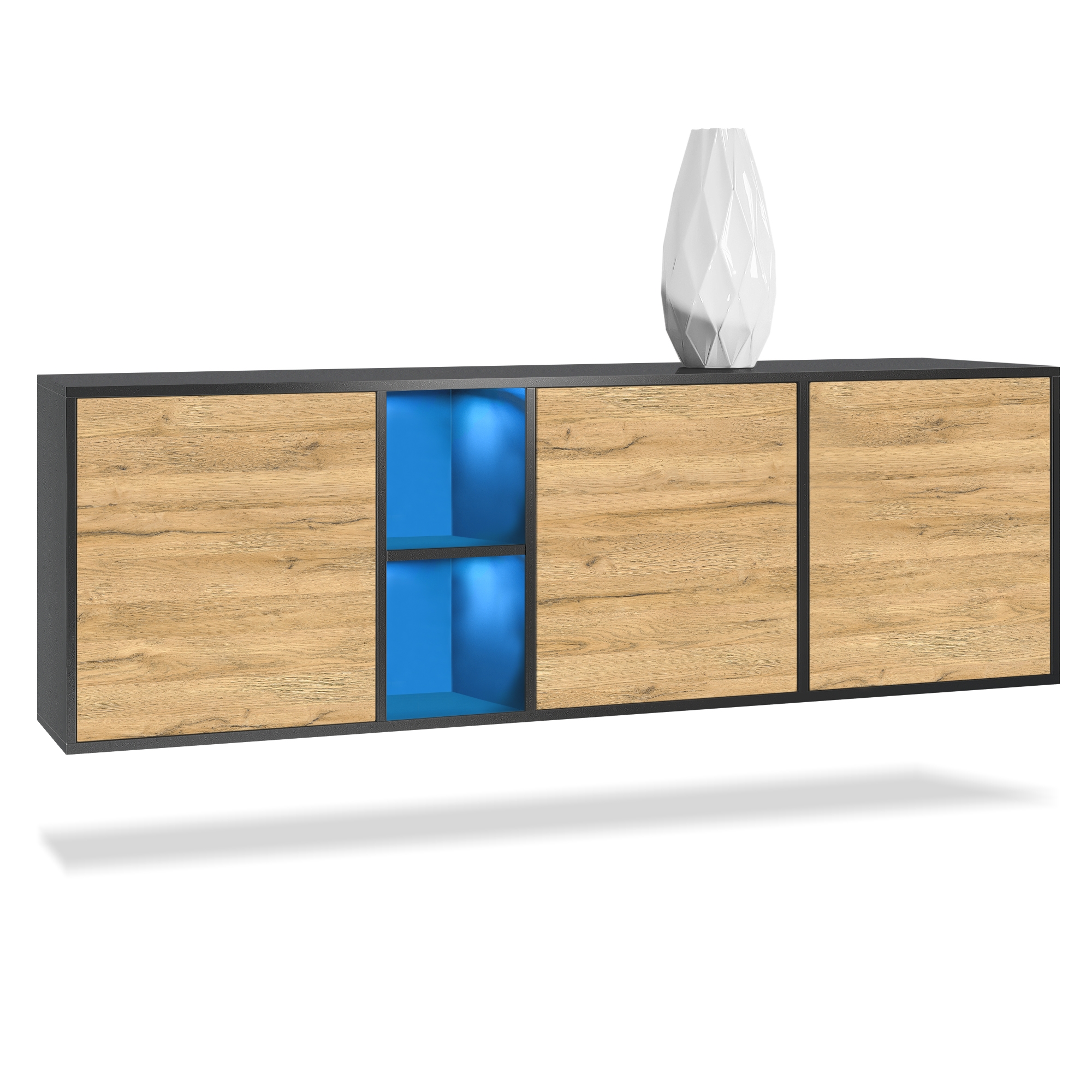 Sideboard Cuba  mit 3 Türen und 2 offene Fächer Schwarz matt/Eiche Natur inkl. LED-Beleuchtung (182 x 53 x 35 cm)
