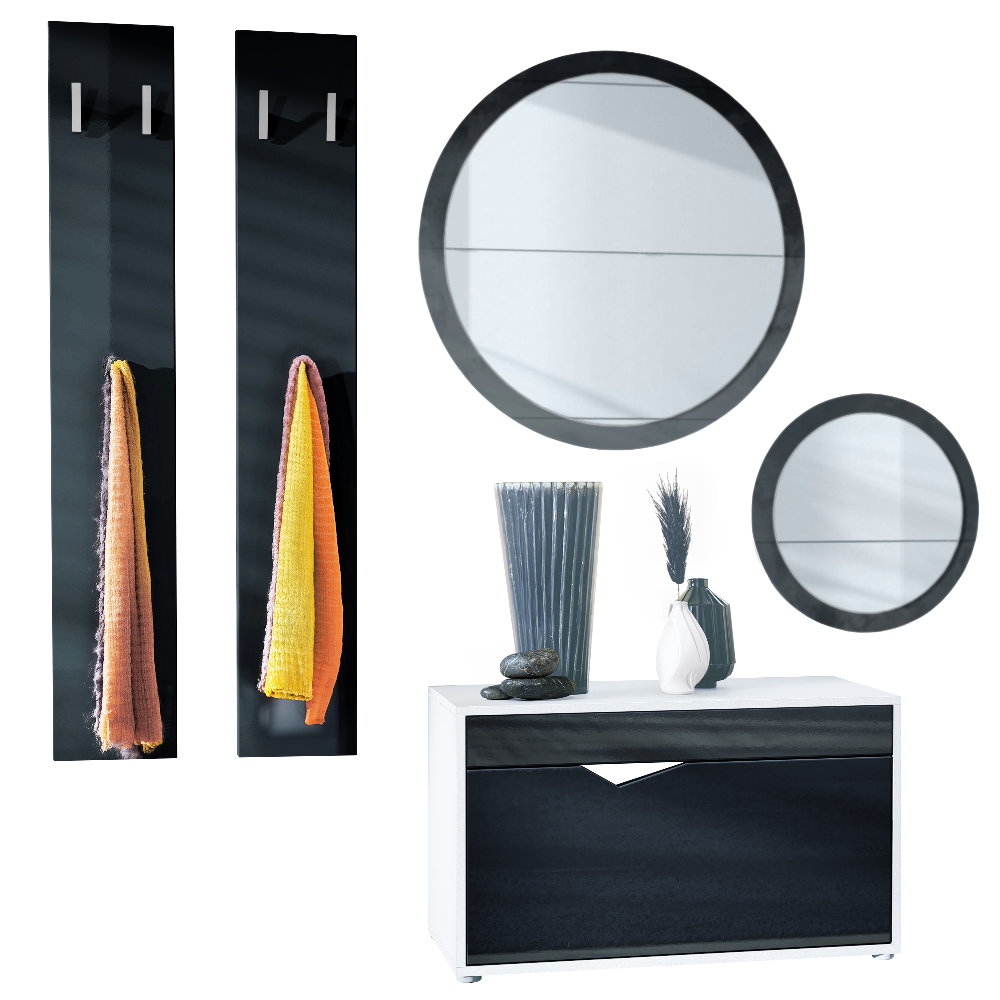 Garderobenset 5-tlg. Espoo mit Schuhbank, 2 Wandpaneel und 2 Runde Wandspiegel Weiß matt/Schwarz Hochglanz Garderobenset 5-tlg. Espoo mit Schuhbank, 2 Wandpaneel und 2 Runde Wandspiegel Weiß matt/Schwarz Hochglanz