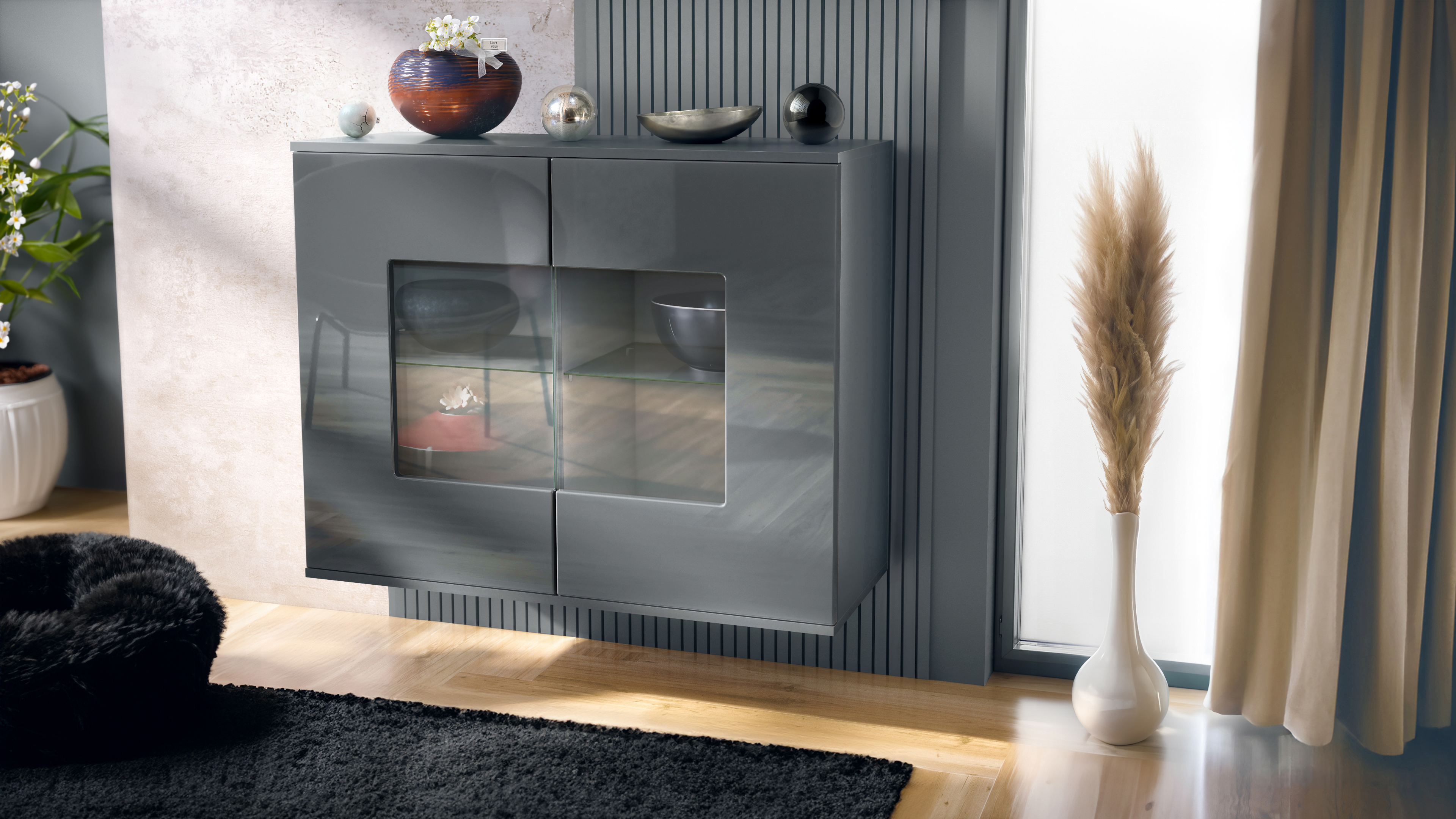Grömitz V3 Kommode Anthrazit mit 2 großen Glastüren Anthrazit matt / Grau Hochglanz (92,5 x 73.5 x 35)