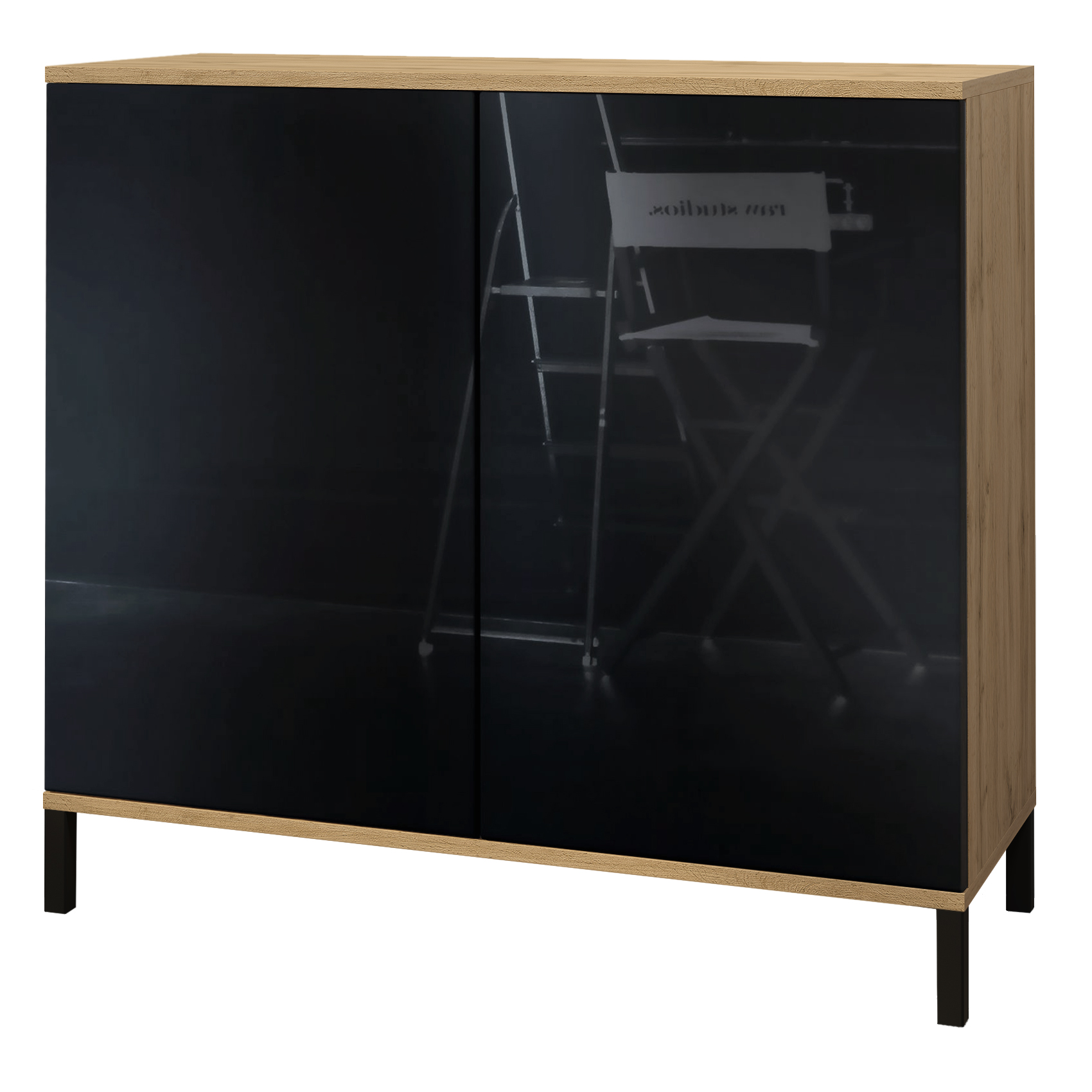 Skadu V3 Kommode Eiche Evoke mit 2 großen Türen Eiche Evoke / Schwarz Hochglanz (92,5 x 83.5 x 35)