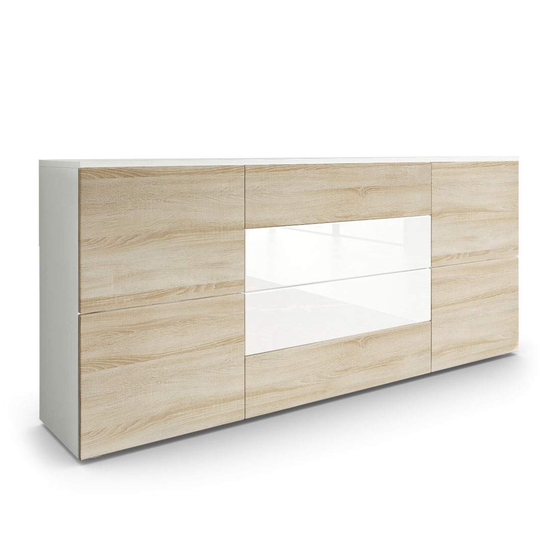 Sideboard Rova mit 4 Türen und 4 Schubladen Weiß matt/Eiche sägerau/Weiß Hochglanz (166 x 72 x 35 cm)