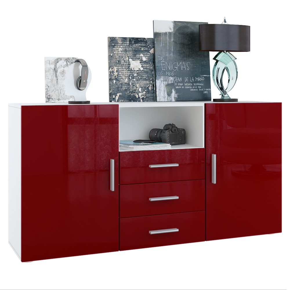 Sideboard Skadu  mit 2 Türen, 3 Schubladen und 1 offenem Fach Weiß matt/Bordeaux Hochglanz (138,5 x 71,5 x 35 cm)