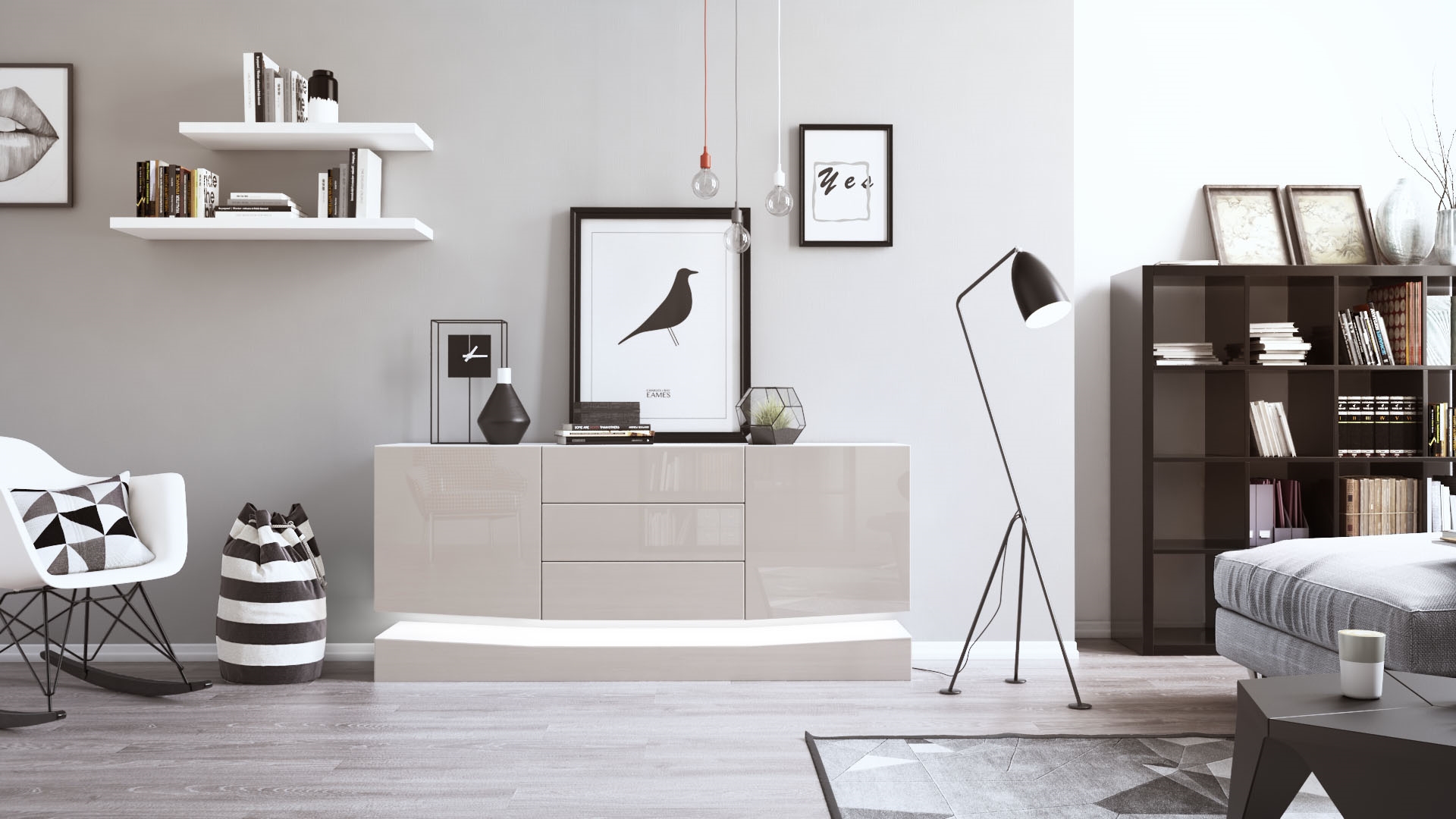 Sideboard City und 3 Schubladen inkl. LED-Beleuchtung,  Weiß matt/Sandgrau Hochglanz (178 x 72 x 38 cm)