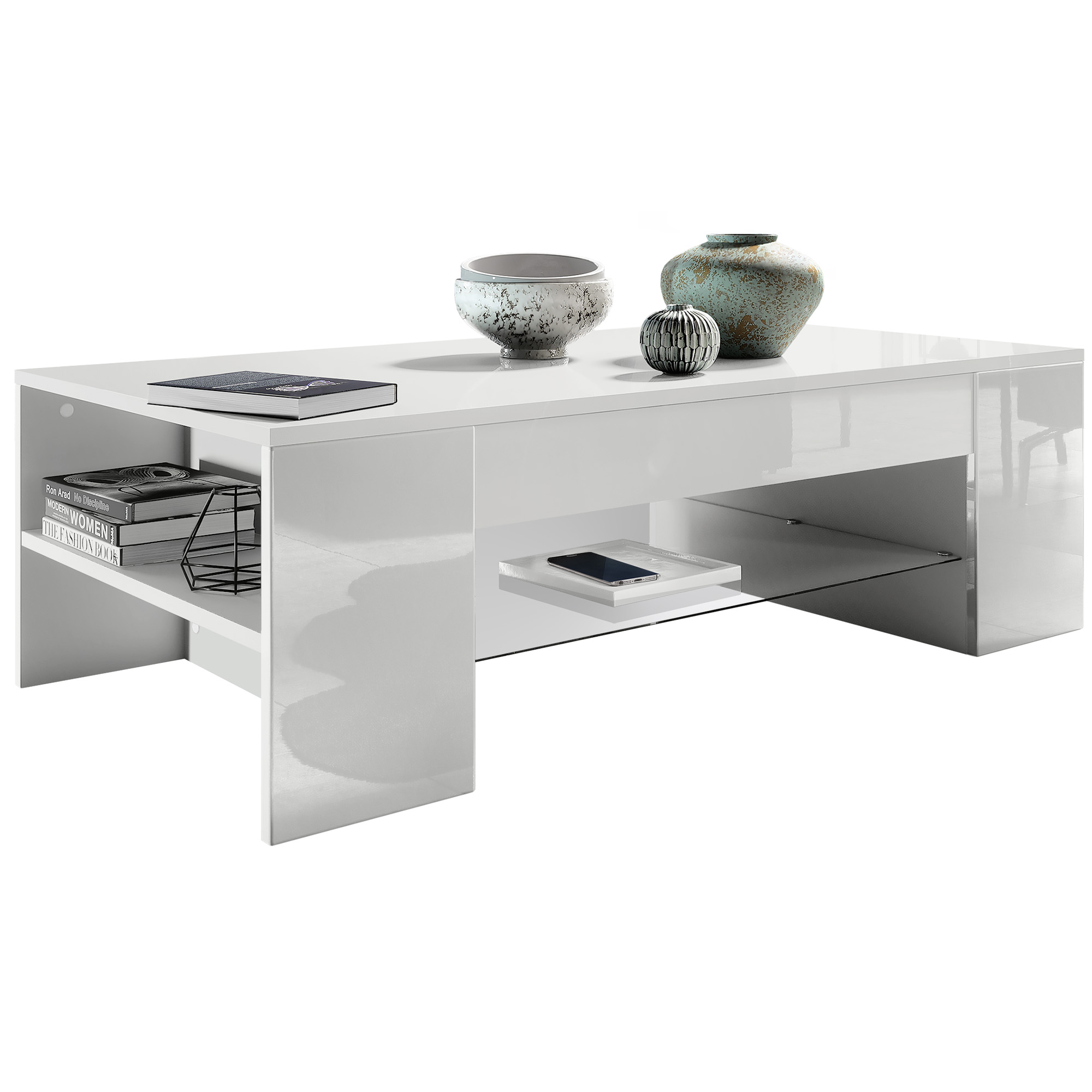 Tisch Clip mit 2 Seitenfächern und 1 Glasplatte Weiß matt/Weiß Hochglanz (118 x 37 x 60 cm)