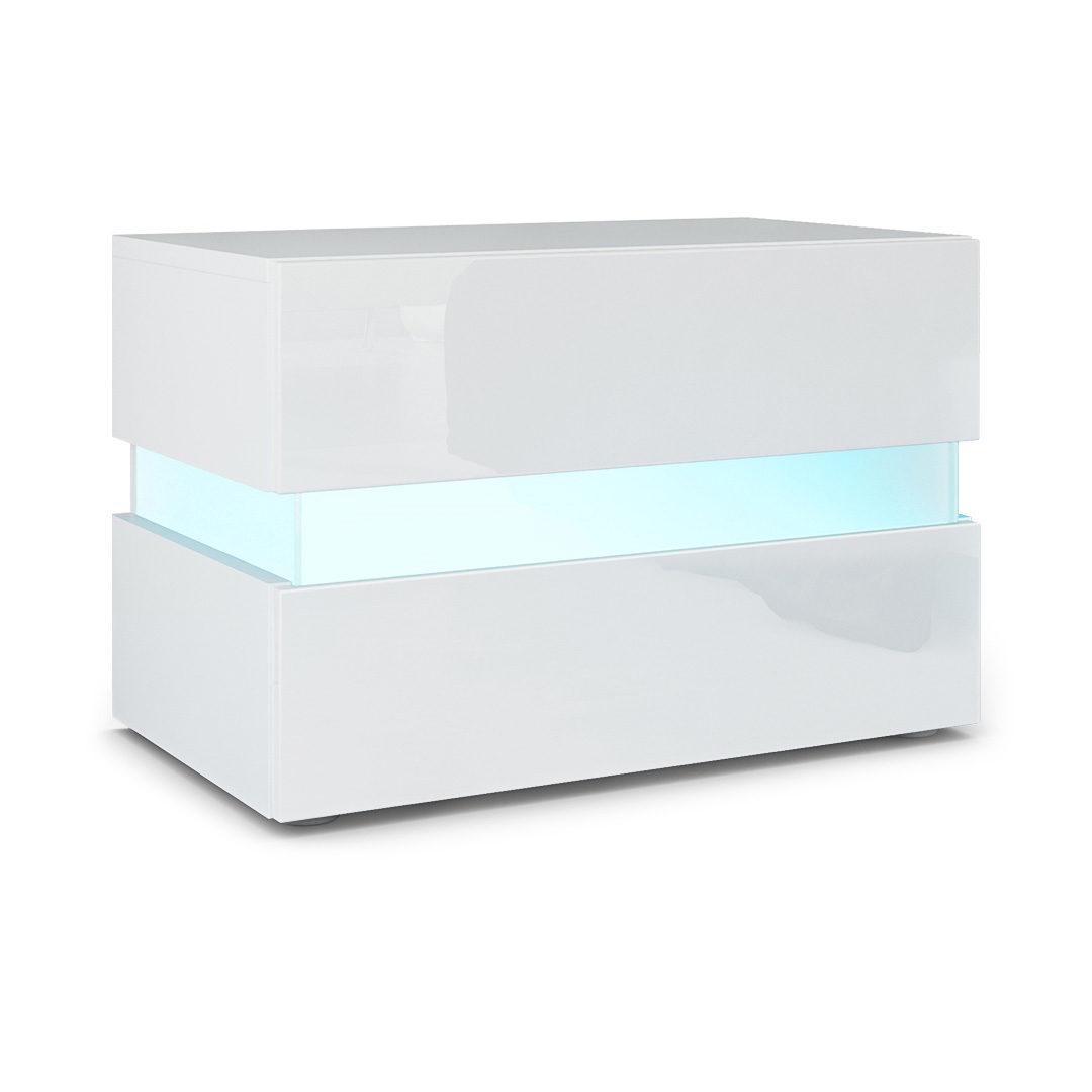 Nachttisch Flow  mit Schublade zur Wandmontage Weiß matt/Weiß Hochglanz, inkl. LED-Beleuchtung (60 x 45 x 39 cm)