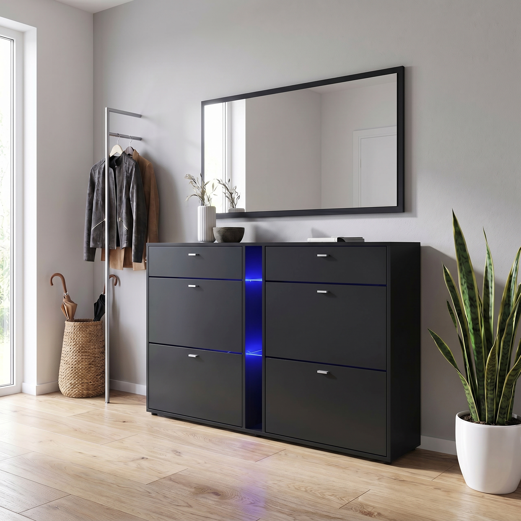 Today Schuhschrank 2 Schubladen und 3 offene Fächer inkl. Beleuchtung | Fronten in Schwarz matt | mit blauer LED Beleuchtung | mit blauer LED Beleuchtung
