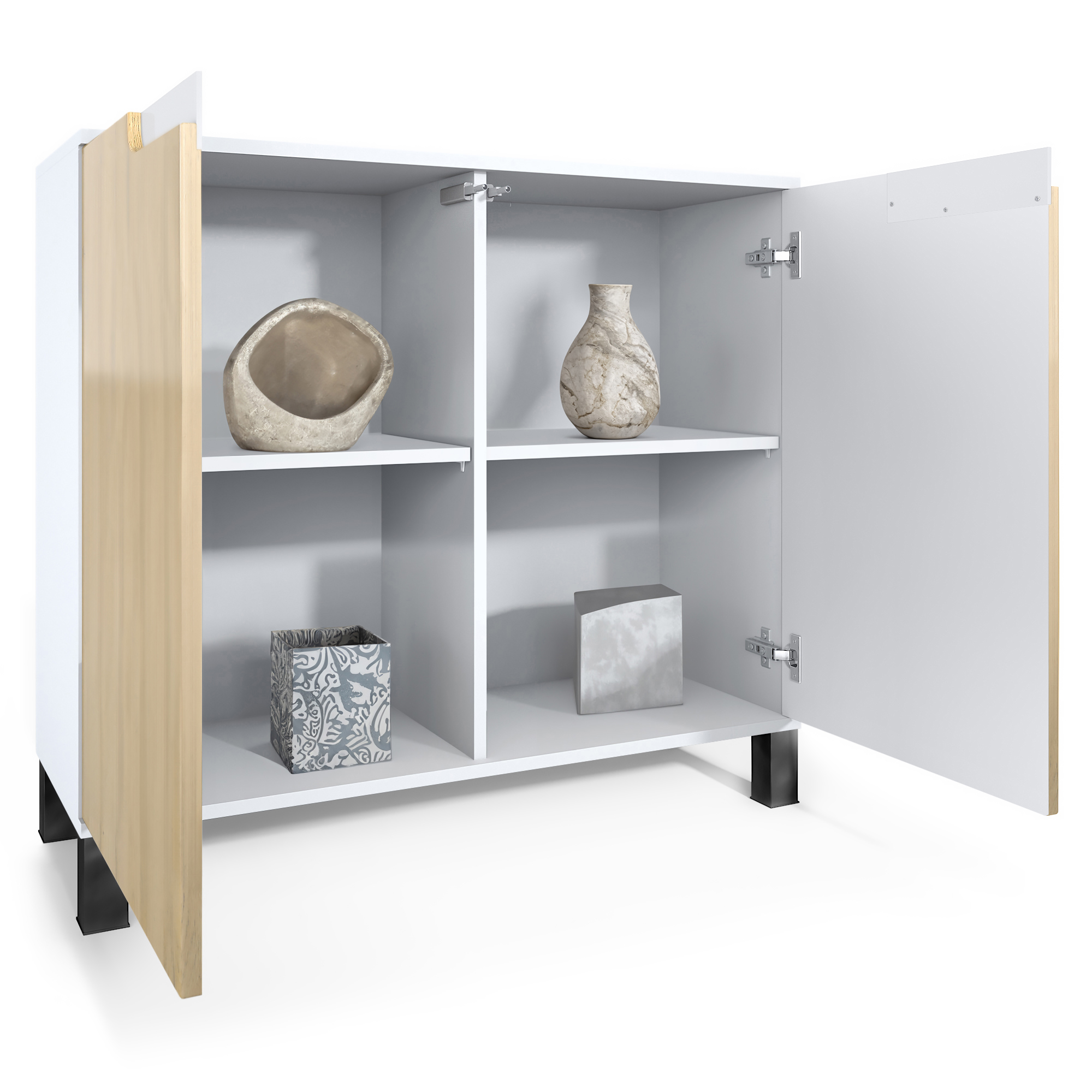 Sylt V3 Kommode Weiß mit 2 großen Türen Weiß matt / Beton Dunkel Optik (92,5 x 84.5 x 35)