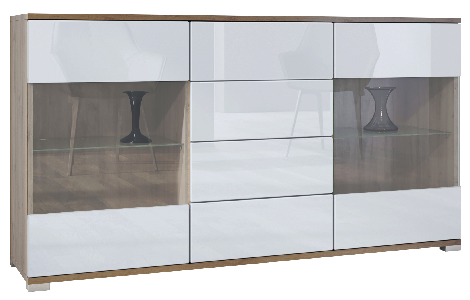 Sideboard Bari V1 Eiche Evoke 4 Schubladen und 2 flexible Glaseinlegeböden Eiche Evoke/Weiß Hochglanz (138,5 x 75,5 x 35)
