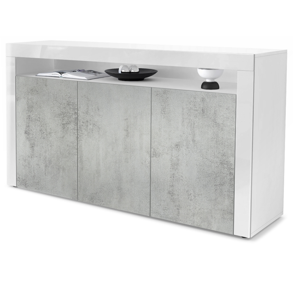 Sideboard Valencia mit 3 Türen und 1 offenem Fach Weiß matt/Beton Oxid Optik/Weiß Hochglanz (155 x 92 x 40 cm)