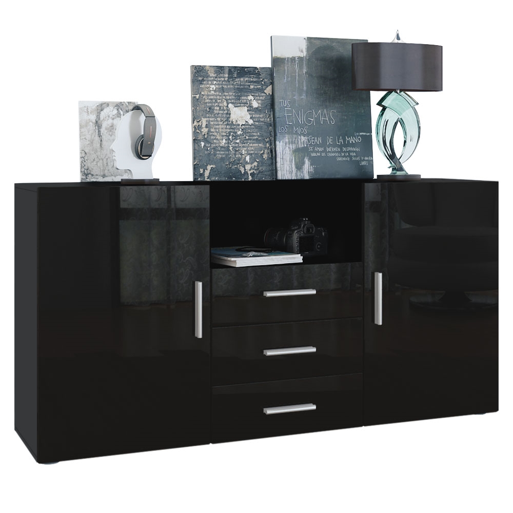 Sideboard Skadu  mit 2 Türen, 3 Schubladen und 1 offenem Fach Schwarz matt/Schwarz Hochglanz (138,5 x 71,5 x 35 cm)