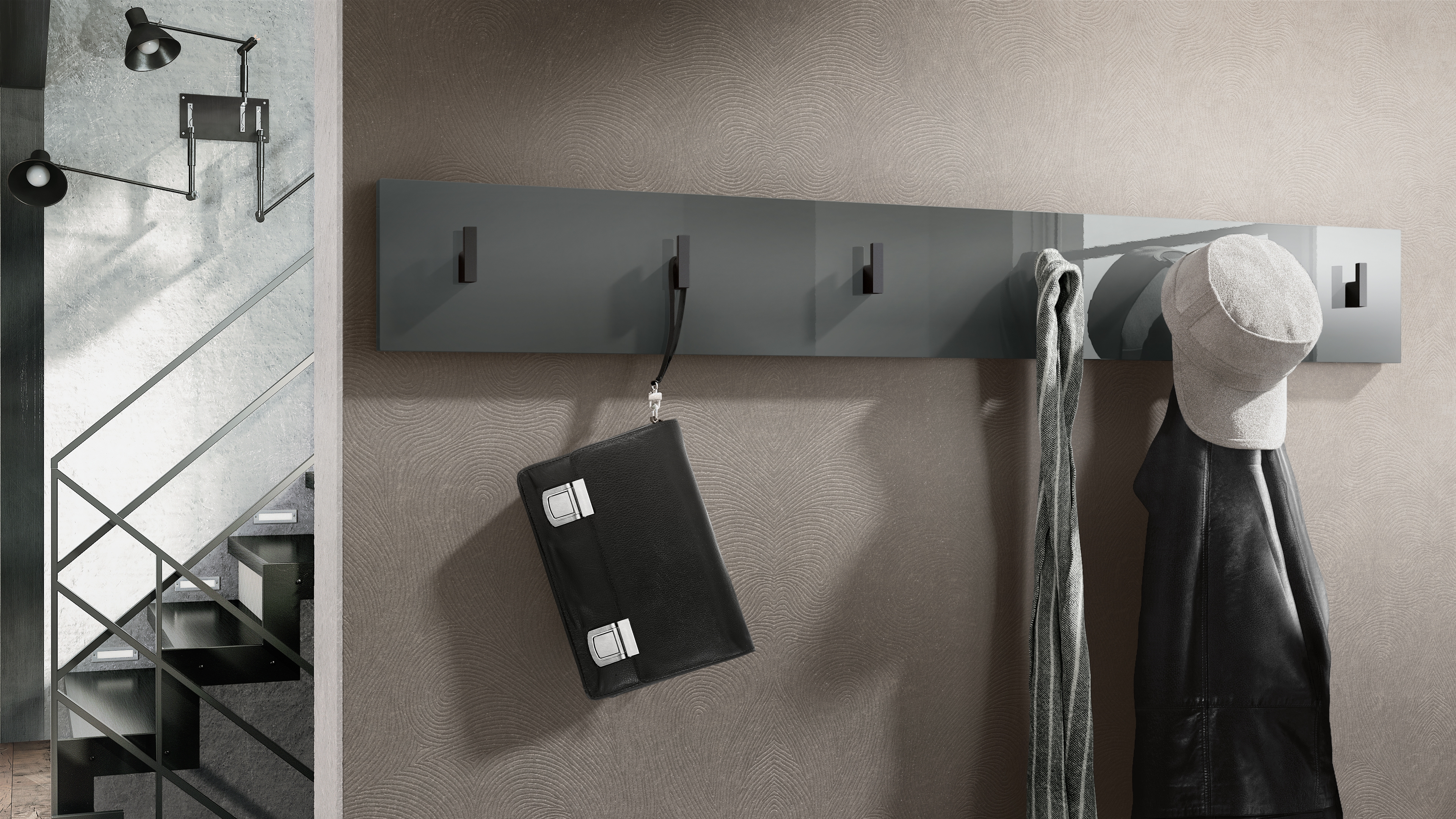Garderobenleiste Linea V1  mit 6 Kleiderhaken  Grau Hochglanz (110,5 x 14,5 x 3,5 cm)