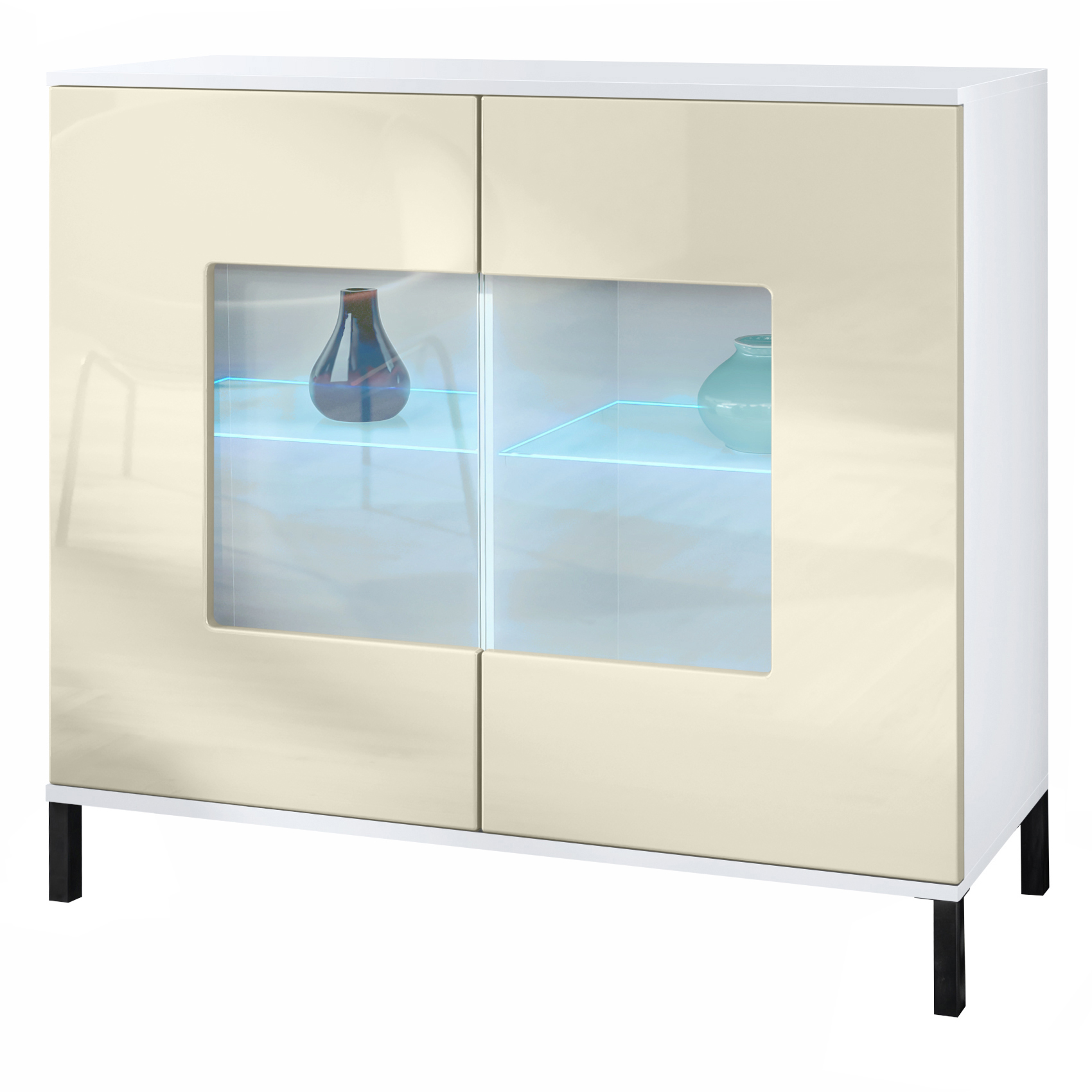 Grömitz V3 Kommode Weiß + LED mit 2 großen Glastüren inkl. RGB Beleuchtung Weiß matt / Creme Hochglanz (92,5 x 83.5 x 35)