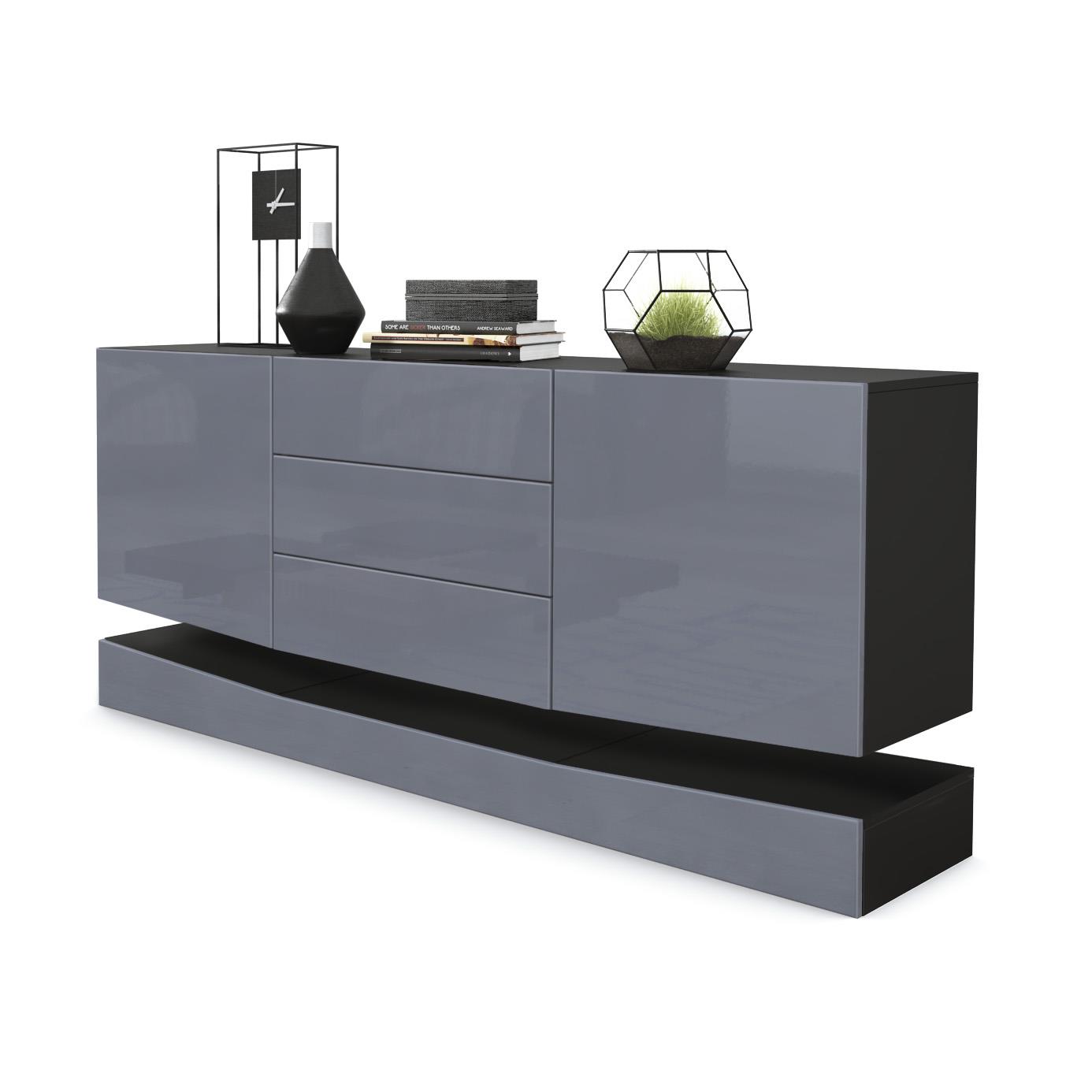 Sideboard City  mit 2 Türen und 3 Schubladen Schwarz matt/Grau Hochglanz (178 x 72 x 38 cm)