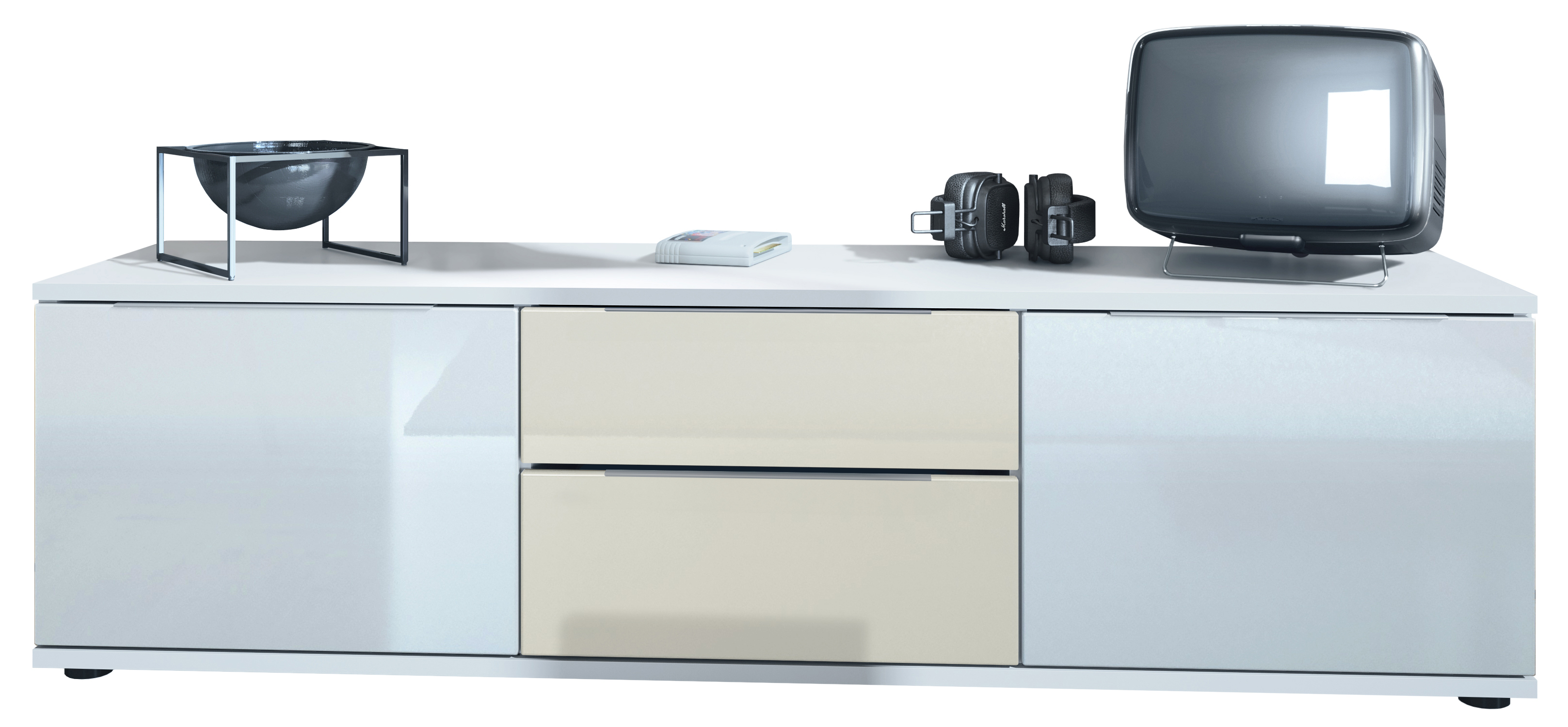 Linio V1 Lowboard  mit 2 Türen und Schubladen Weiß / Creme Hochglanz (138,5 x 37,5 x 35 cm) Linio V1 Lowboard  mit 2 Türen und Schubladen Weiß / Creme Hochglanz (138,5 x 37,5 x 35 cm)