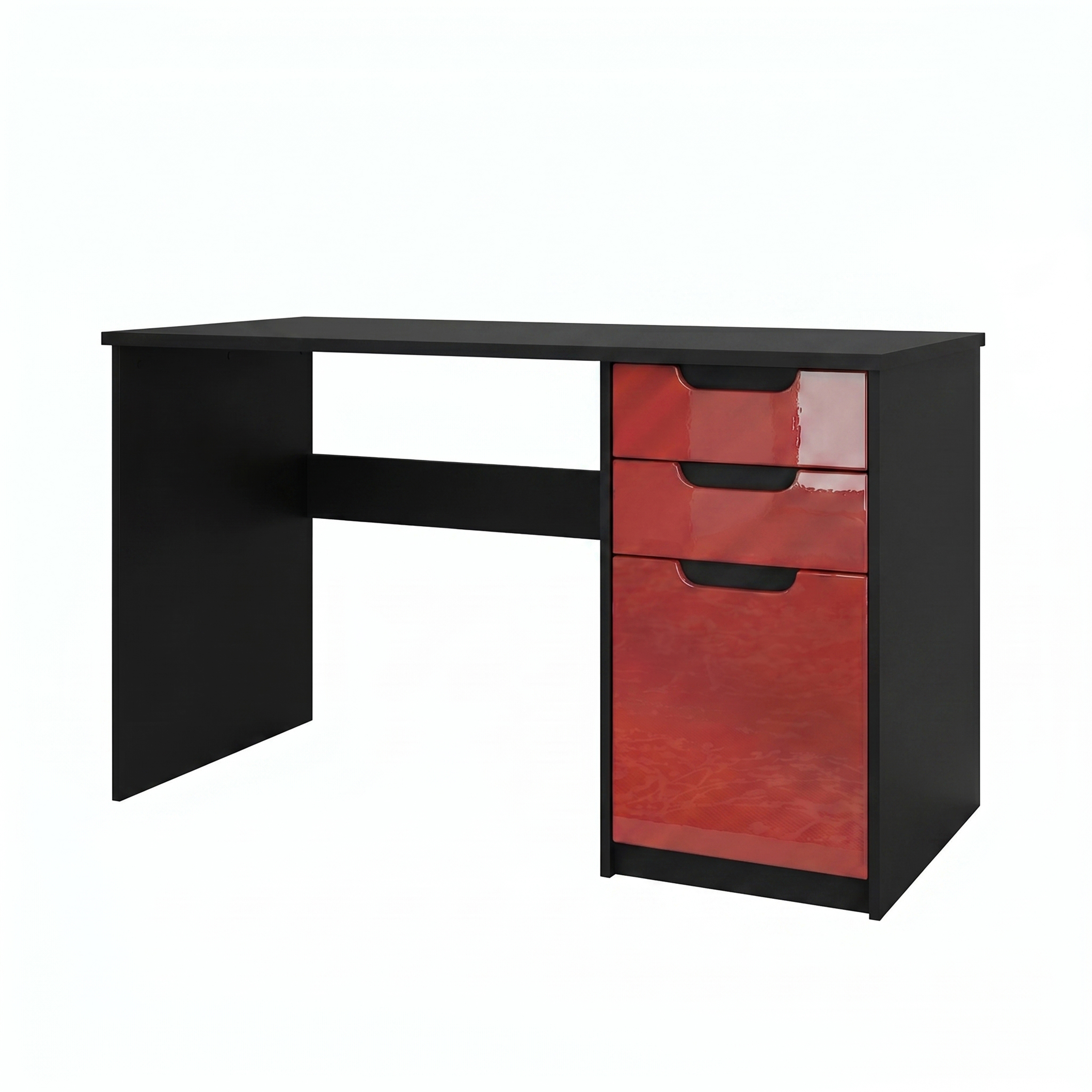 Schreibtisch Logan mit 2 Schubladen und 1 Tür Schwarz matt/Bordeaux Hochglanz (129 x 76 x 60 cm)