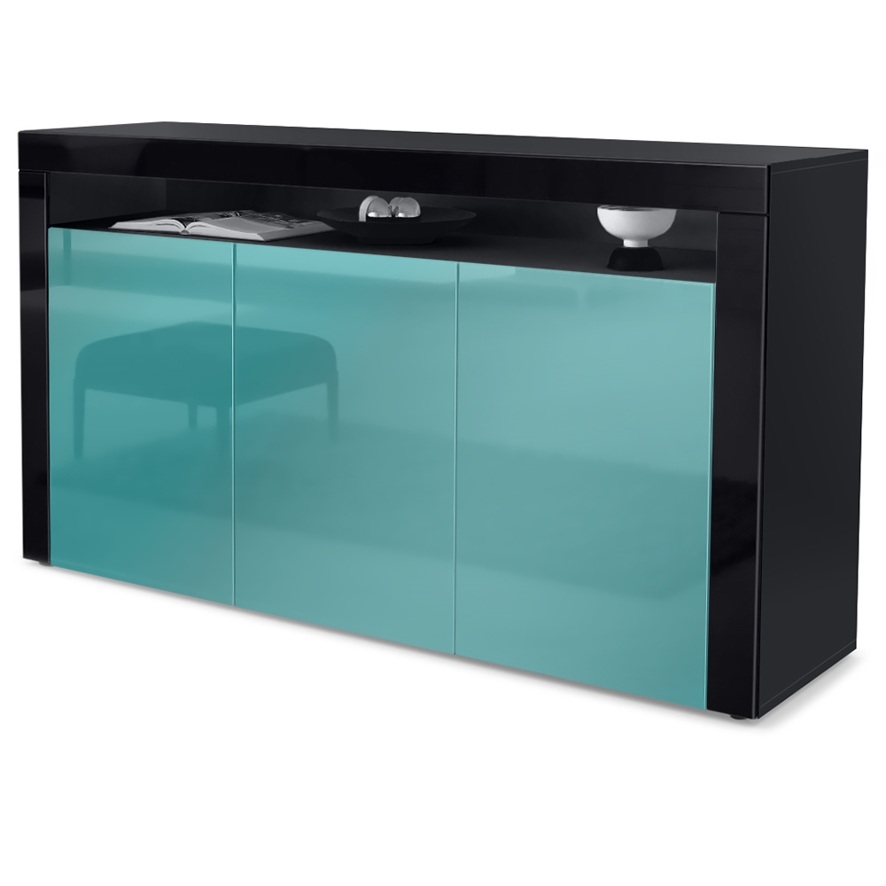 Sideboard Valencia mit 3 Türen und 1 offenem Fach Schwarz matt/Petrol Hochglanz/Schwarz Hochglanz (155 x 92 x 40 cm)