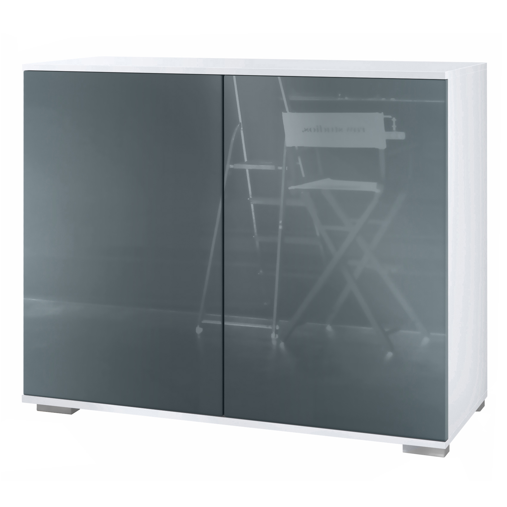 Skadu V3 Kommode Weiß mit 2 großen Türen Weiß matt / Grau Hochglanz (92,5 x 75.5 x 35)