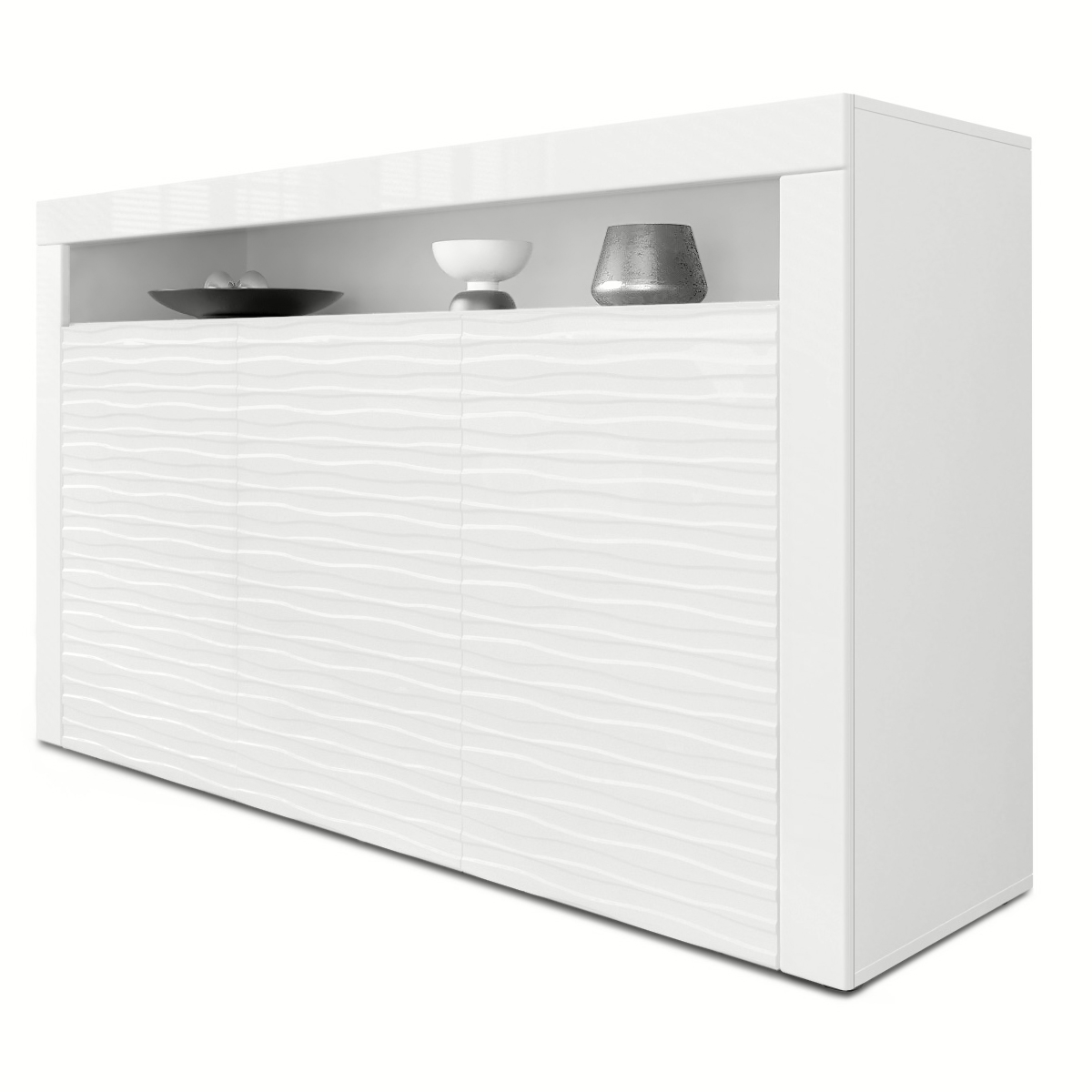 Sideboard Valencia  mit 3 Türen und 1 offenem Fach Weiß matt&glänzend mit 3D Struktur (155x92x40 cm)
