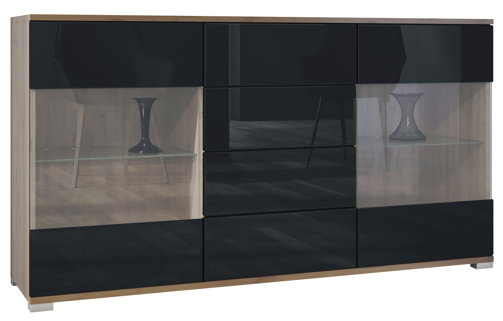 Sideboard Bari V1 Eiche Evoke 4 Schubladen und 2 flexible Glaseinlegeböden Eiche Evoke/Schwarz Hochglanz (138,5 x 75,5 x 35)