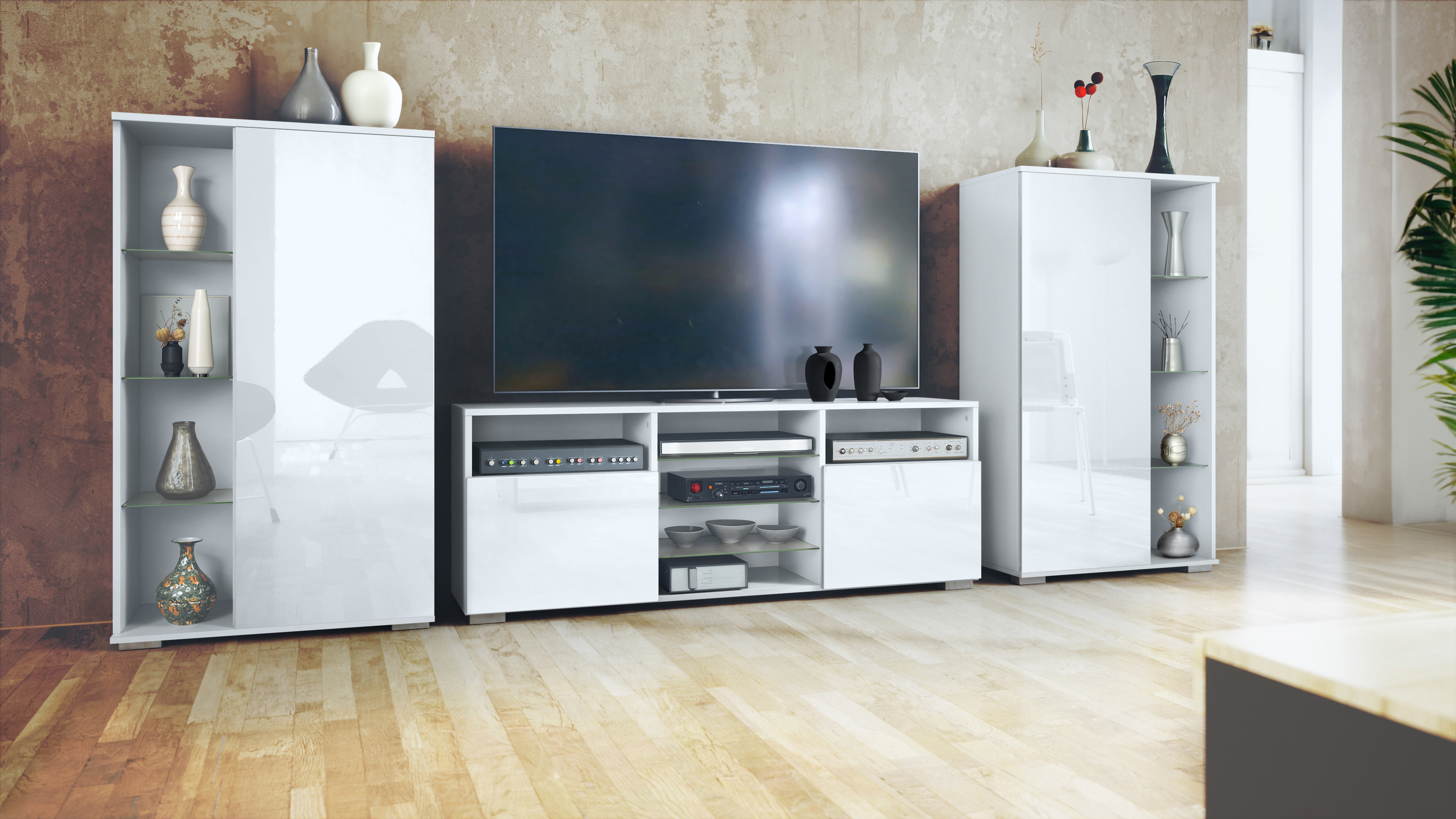 Wohnwand Davos 3-tlg. bestehend aus 2 Vitrinen und 1 TV-Board Weiß matt/Weiß Hochglanz (329 x 134 x 35 cm)