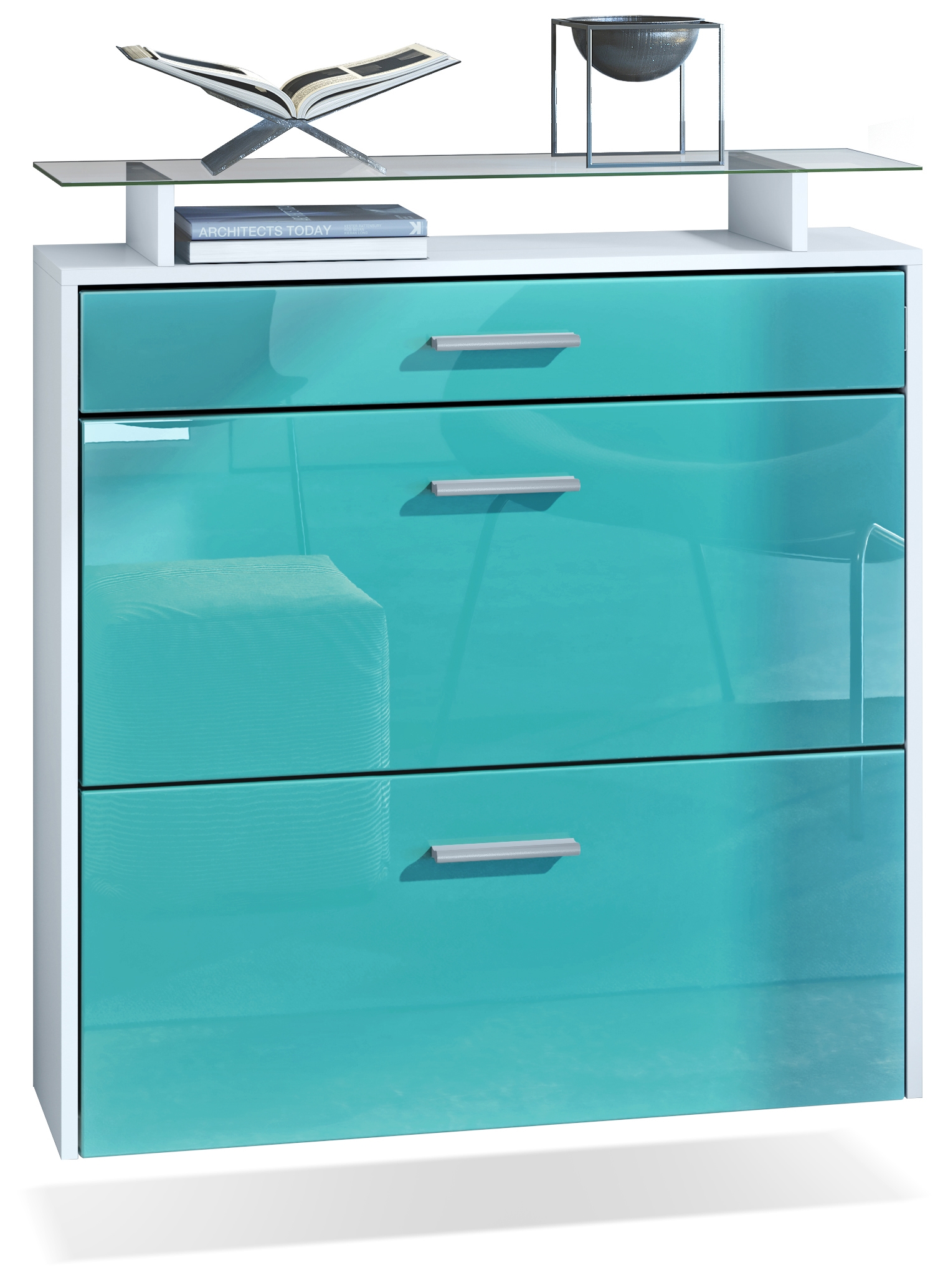 Schuhschrank Malea mit 2 Klappen und 1 Schublade und Glasablage Weiß matt/Petrol Hochglanz (89 x 96 x 23 cm)