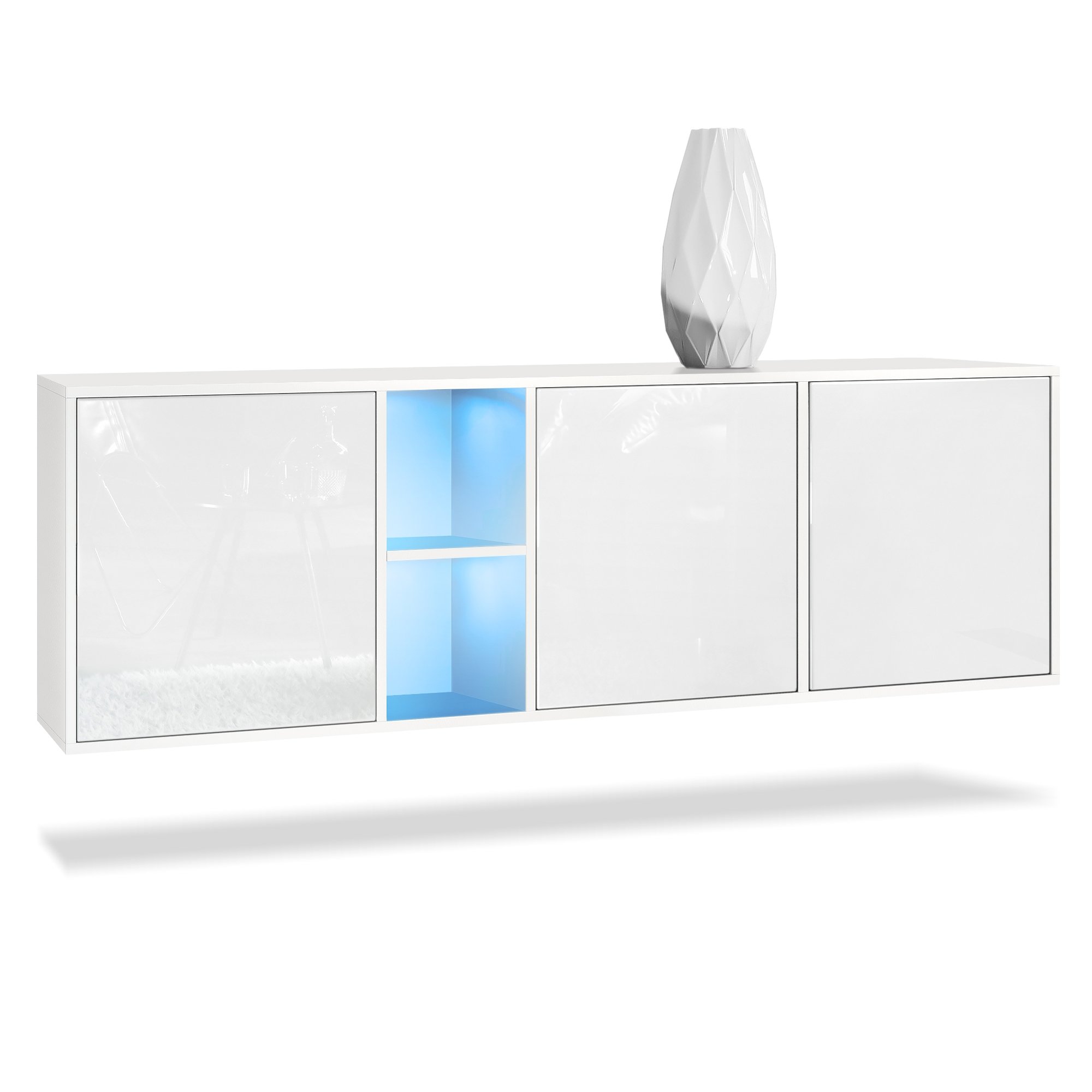 Sideboard Cuba  mit 3 Türen und 2 offene Fächer Weiß matt/Weiß Hochglanz inkl. LED-Beleuchtung (182 x 53 x 35 cm)