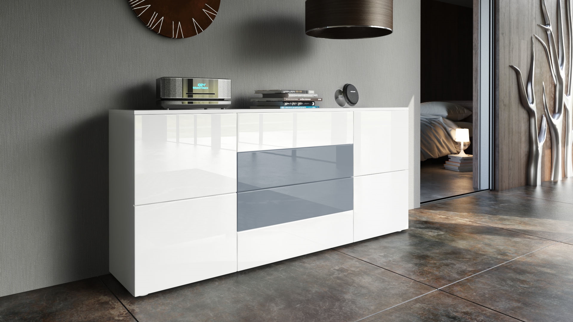 Sideboard Rova mit 4 Türen und 4 Schubladen Weiß matt/Weiß Hochglanz/Grau Hochglanz (166 x 72 x 35 cm)