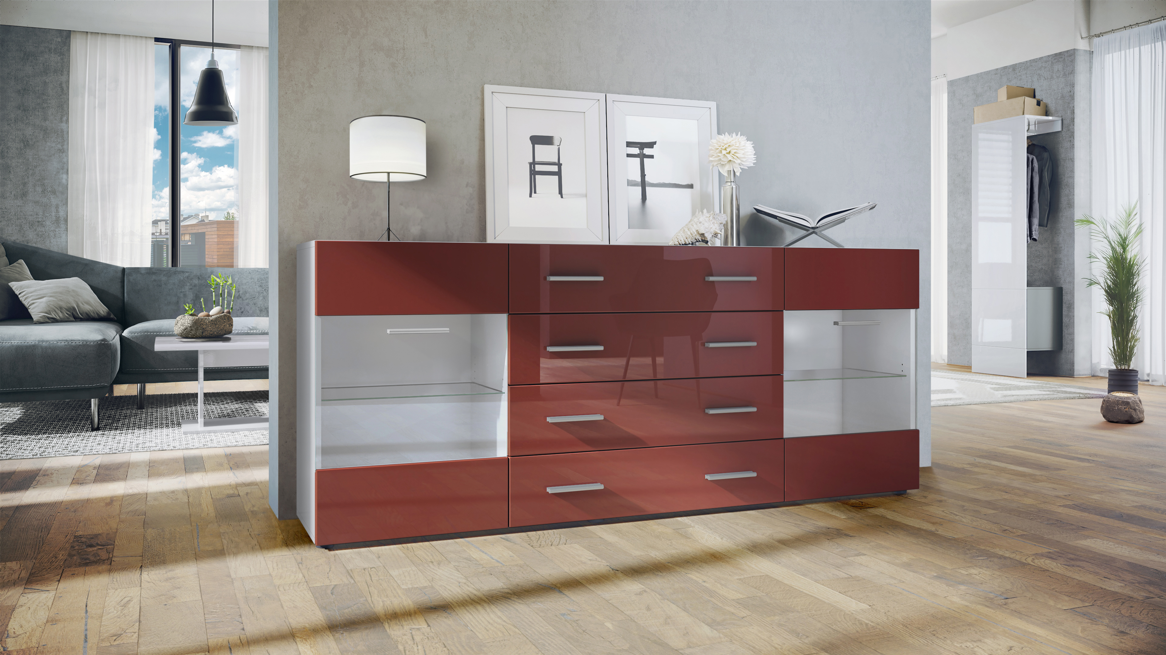 Sideboard Bari V2 4 Schubladen und 2 flexible Glaseinlegeböden Weiß matt/Bordeaux Hochglanz (166 x 72 x 35)